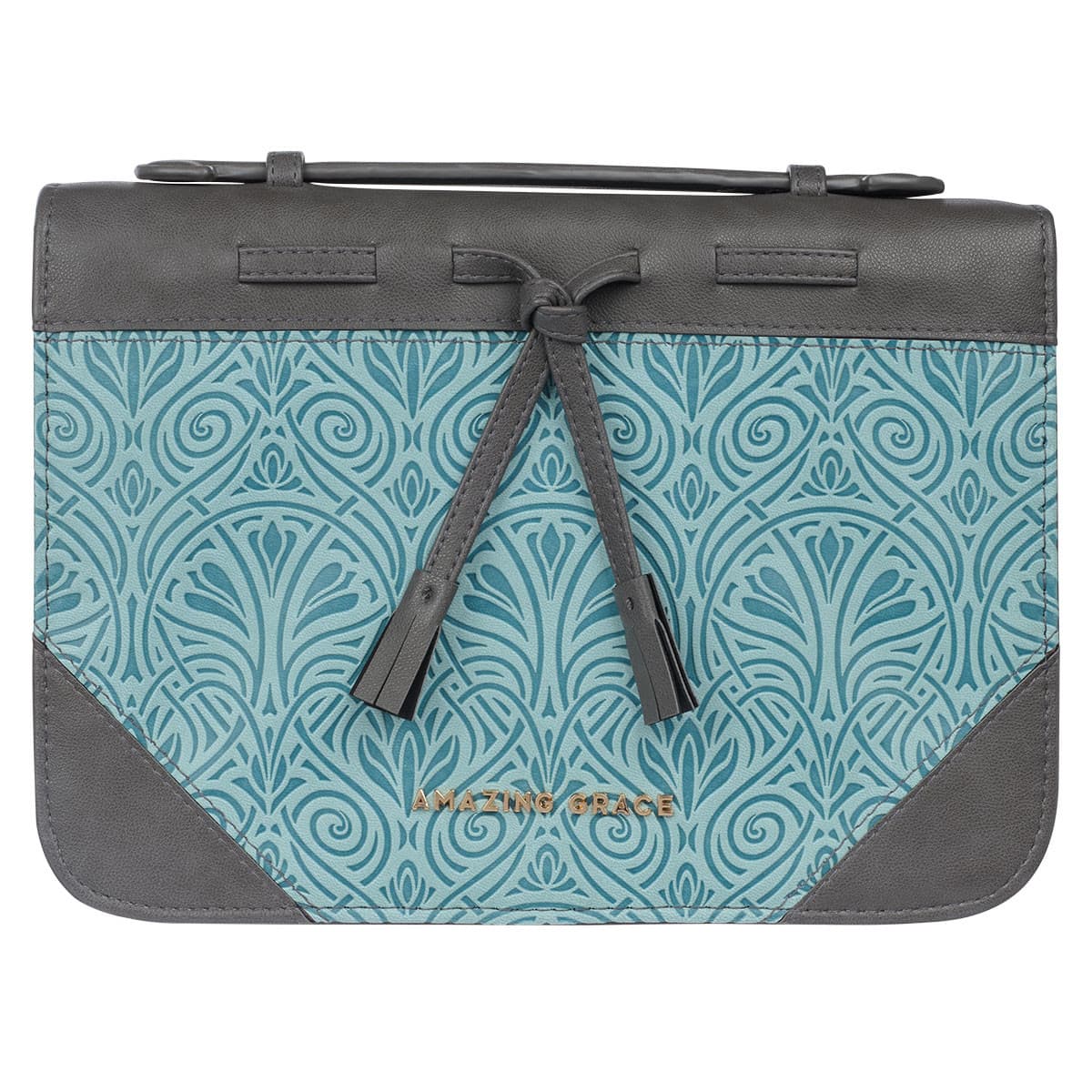 Amazing Grace Gray and Turquoise Faux Leather Fashion Bible Case with Tassels - Extra Large