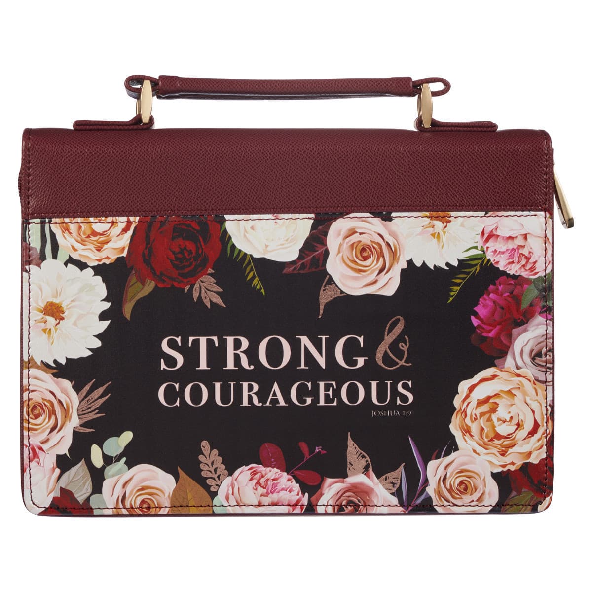 Strong and Courageous – Joshua 1:9 Merlot Bouquet Faux Leather Large Bible Case