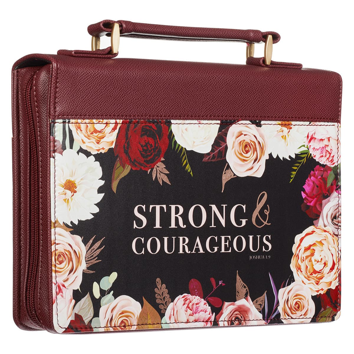 Strong and Courageous – Joshua 1:9 Merlot Bouquet Faux Leather Large Bible Case, picture 4