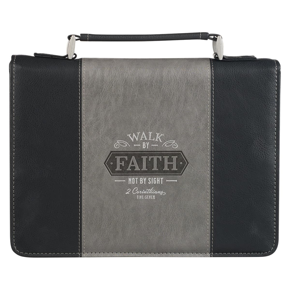 Walk by Faith - 2 Corinthians 5:7 Black and Gray Faux Leather Classic Bible Case - Large