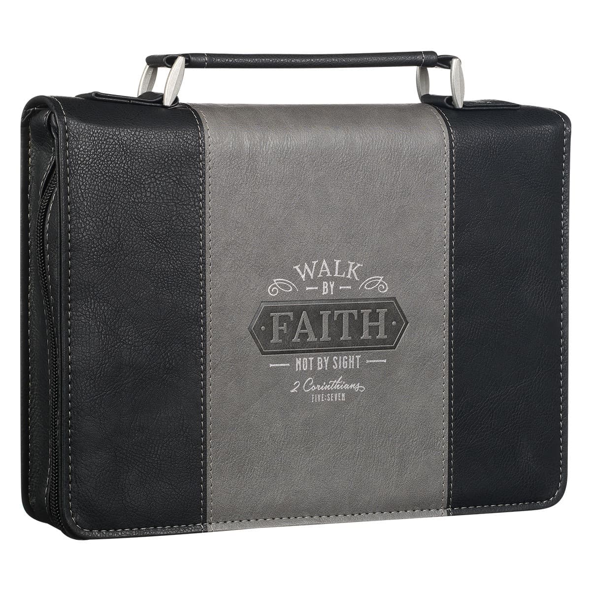 Walk by Faith - 2 Corinthians 5:7 Black and Gray Faux Leather Classic Bible Case - Large, picture 3