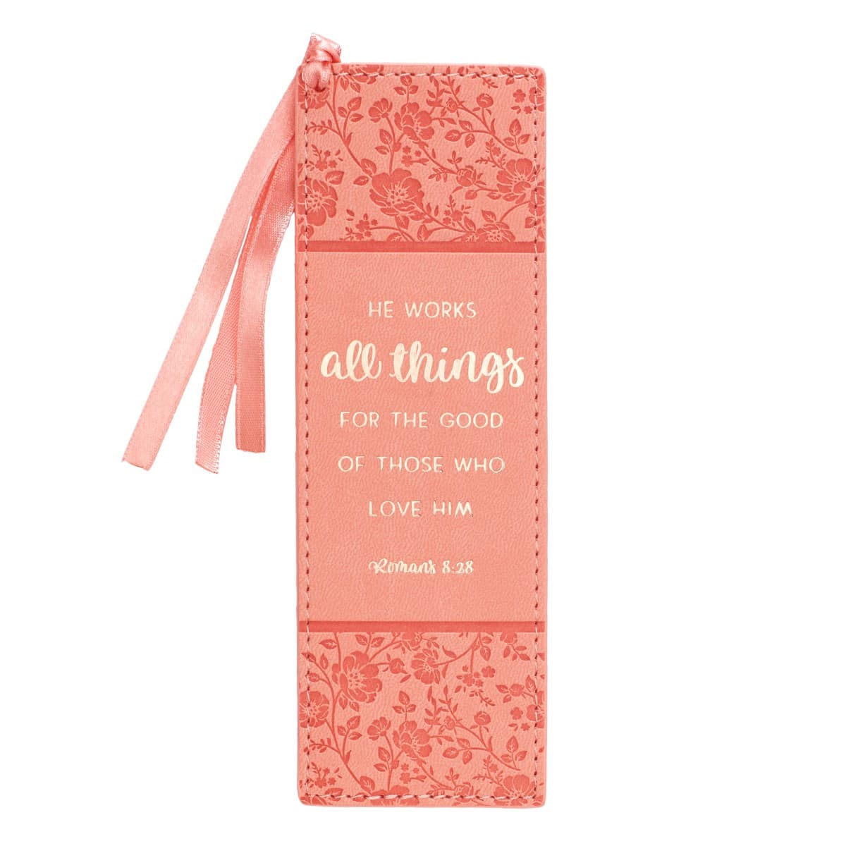 All Things - Romans 8:28 Coral Faux Leather Bookmark