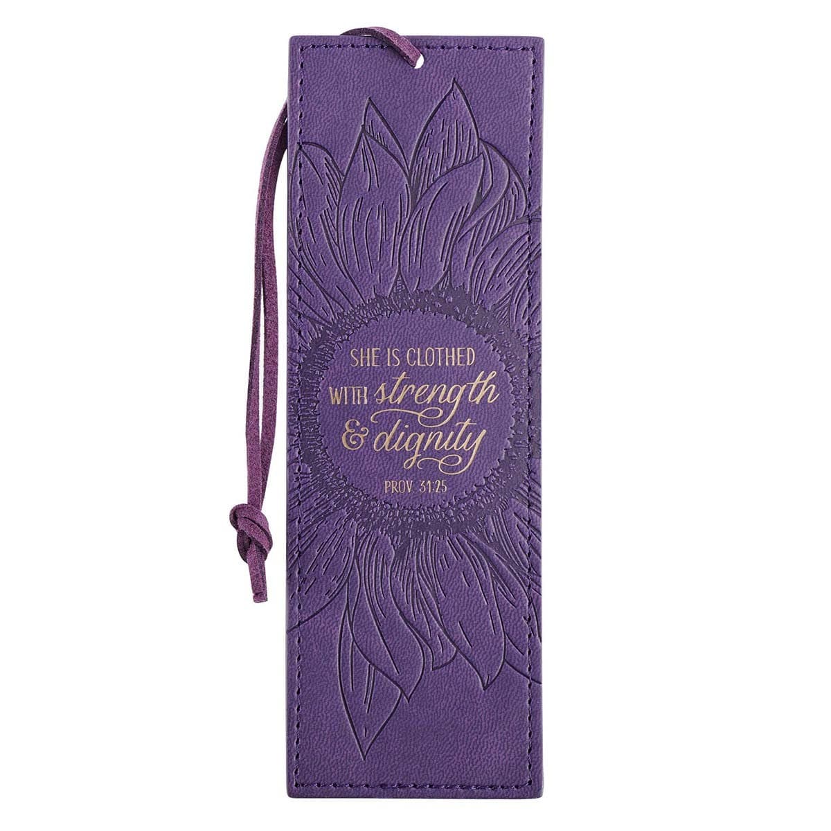Strength and Dignity - Proverbs 31:25 Purple Sunflower Faux Leather Bookmark