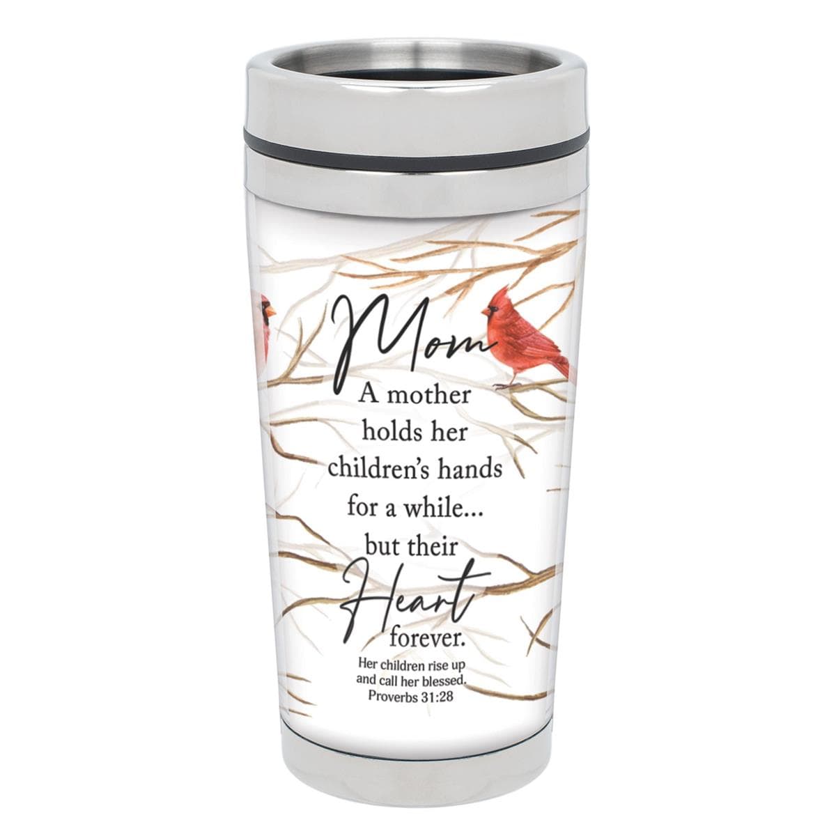 A MOTHER HOLDS HER CHILDRENS TRAVEL MUG