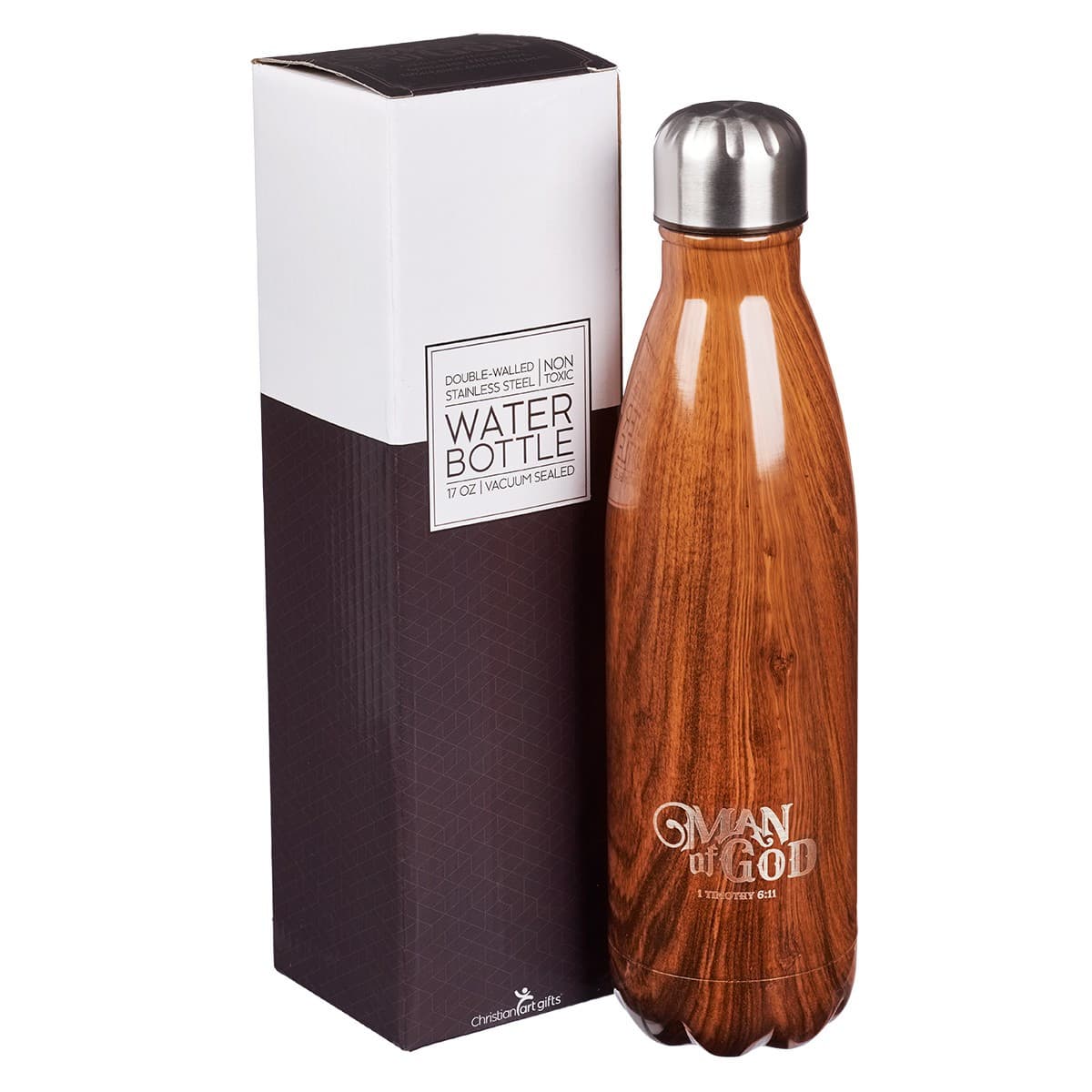 Man of God - 1 Timothy 6:11 Wood Design Stainless Steel Water Bottle, picture 3