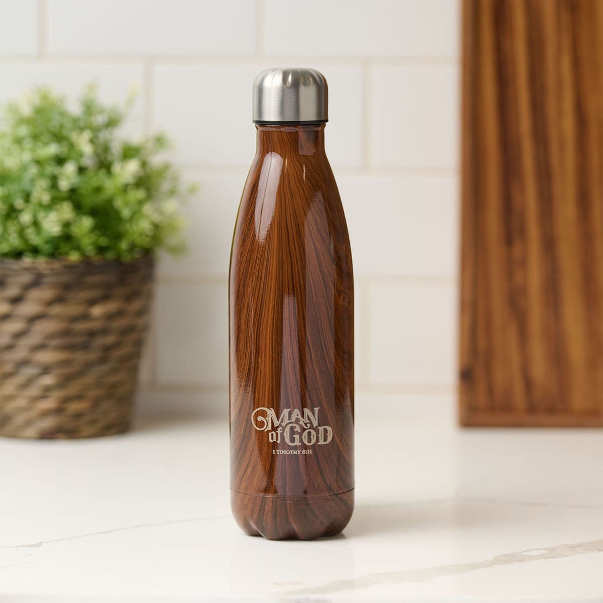 Man of God - 1 Timothy 6:11 Wood Design Stainless Steel Water Bottle, picture 4