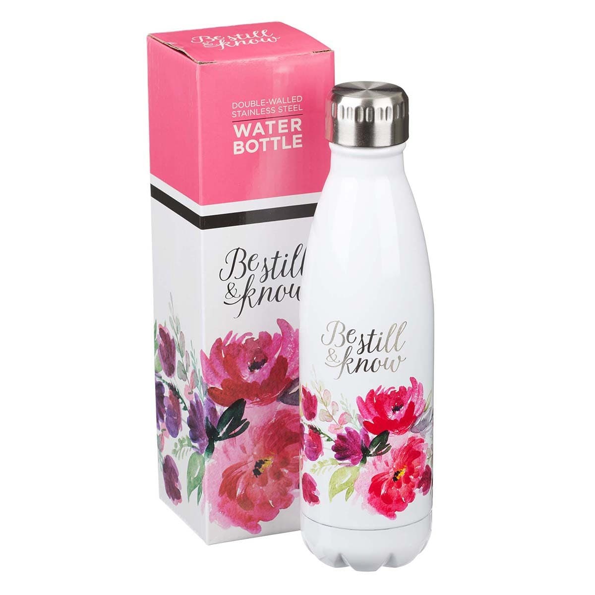 Be Still & Know - Psalm 46:10 White Floral Stainless Steel Water Bottle, picture 3