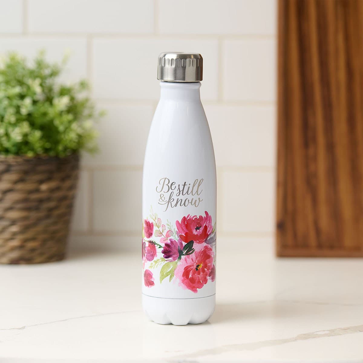 Be Still & Know - Psalm 46:10 White Floral Stainless Steel Water Bottle, picture 4