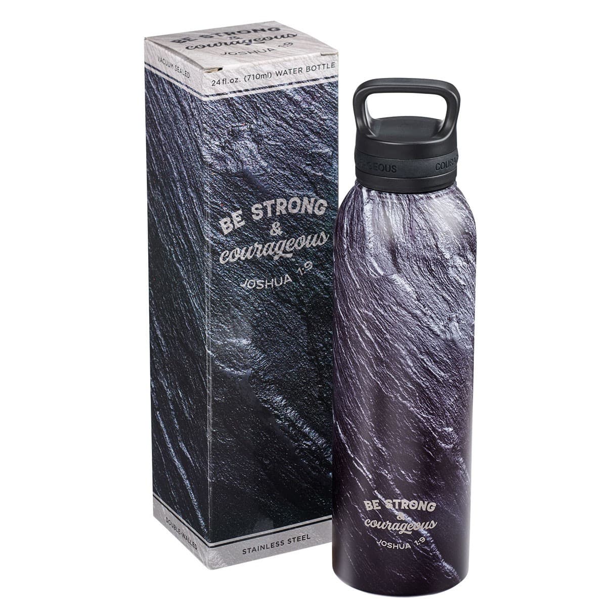 Strong & Courageous - Joshua 1:9 Black Stone Stainless Steel Water Bottle, picture 3