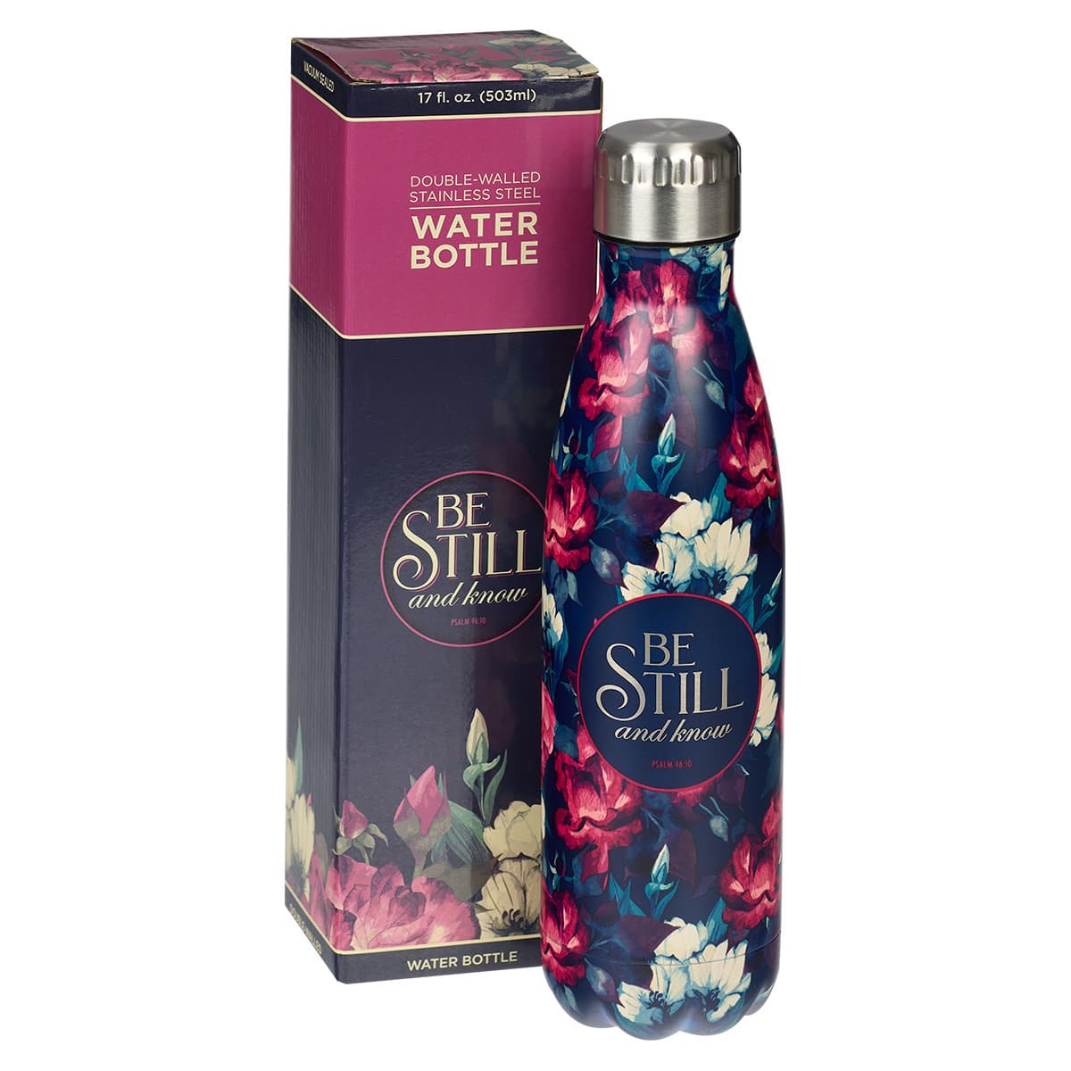 Be Still – Psalm 46:10 Vintage Floral Stainless Steel Water Bottle, picture 3