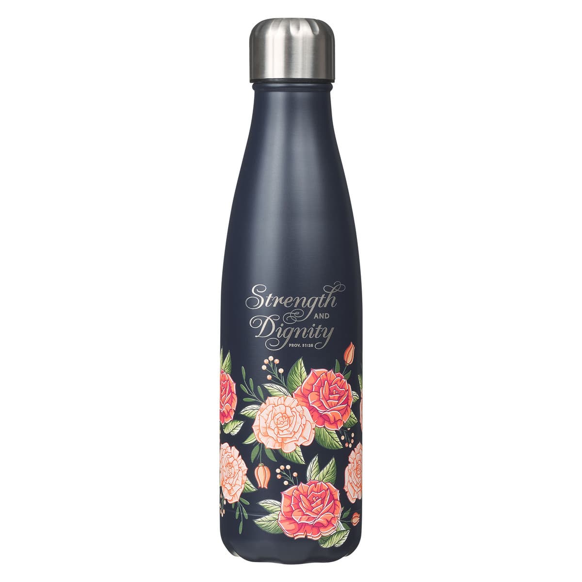 Strength and Dignity - Proverbs 31:25 Pink Rose Stainless Steel Water Bottle