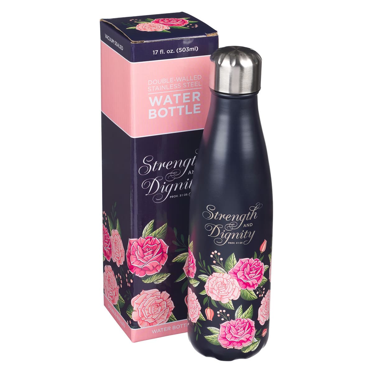 Strength and Dignity - Proverbs 31:25 Pink Rose Stainless Steel Water Bottle, picture 3