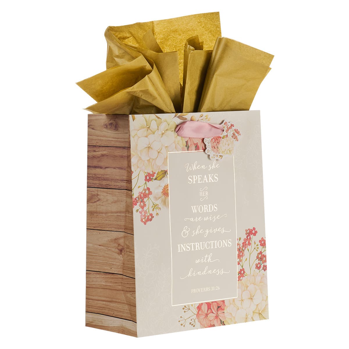 When She Speaks - Proverbs 31:26 Medium Gift Bag in Pink with Tissue Paper, picture 3