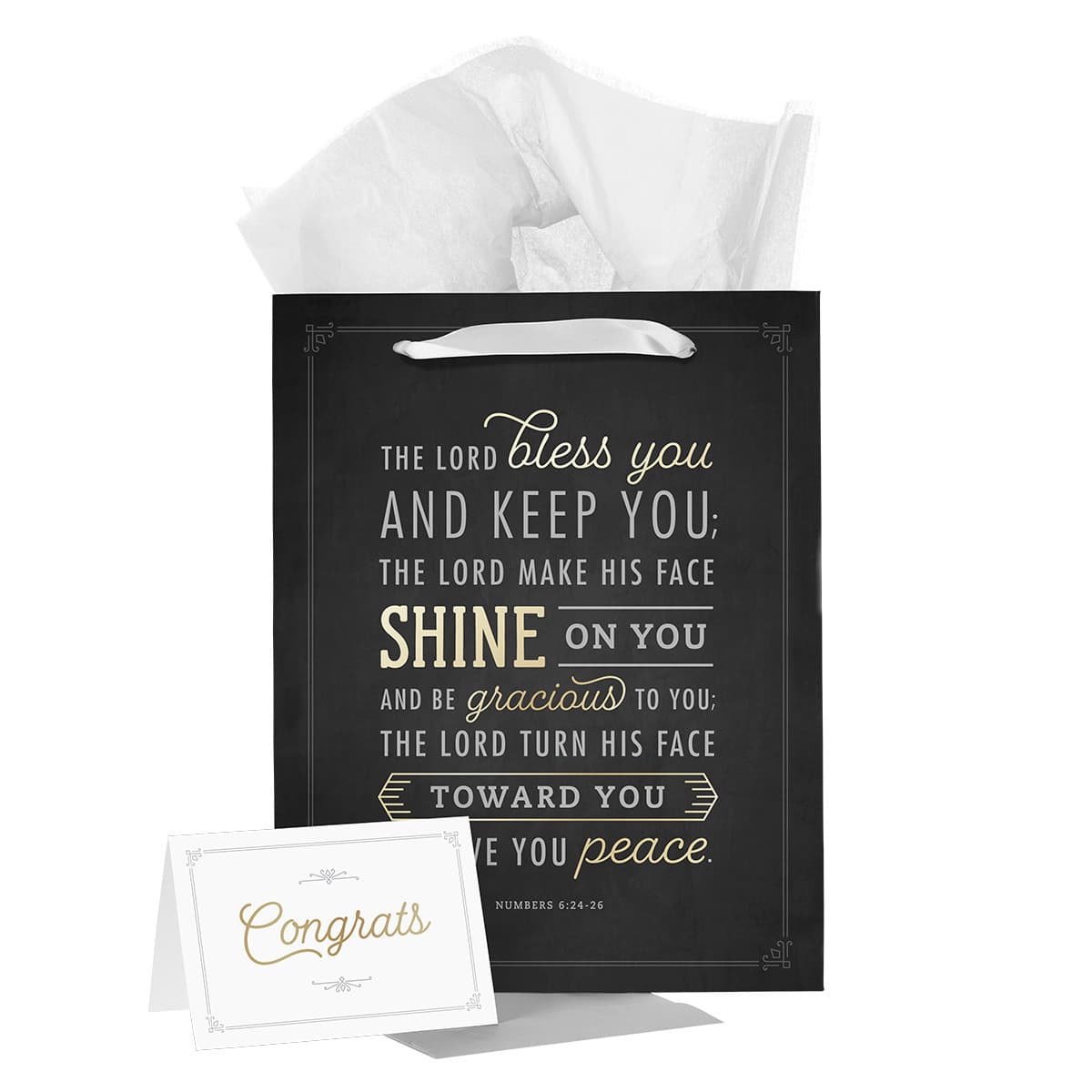 Bless You and Keep You - Numbers 6:24-26 Black and Gold Large Portrait Gift Bag with Card - Medium