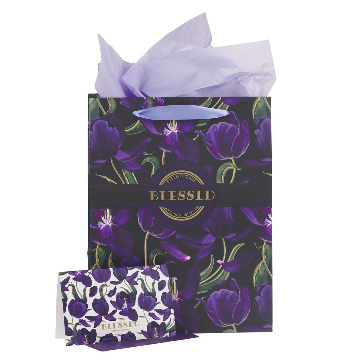 Blessed - Luke 1:45 Purple Tulip Large Portrait Gift Bag with Card Set