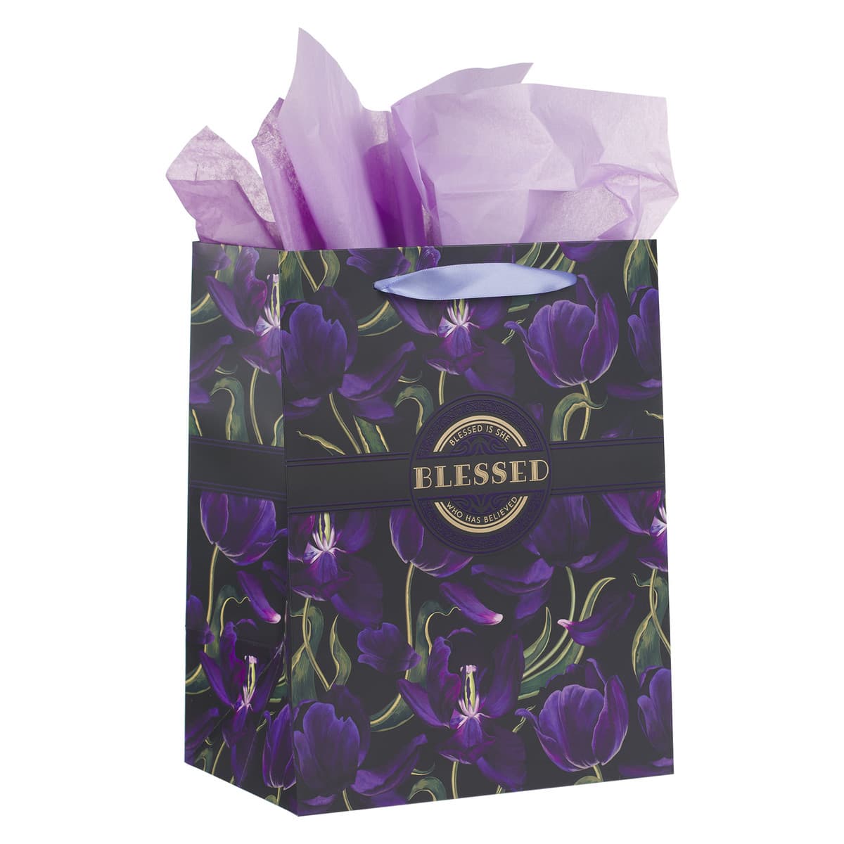 Blessed - Luke 1:45 Purple Tulip Large Portrait Gift Bag with Card Set, picture 3
