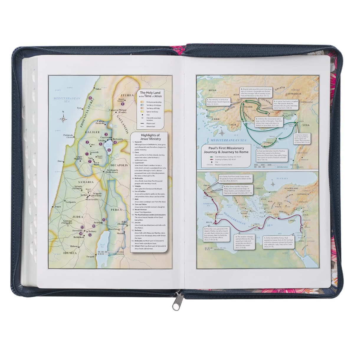 Floral Blue Faux Leather King James Version Deluxe Gift Bible with Thumb Index and Zippered Closure, picture 7