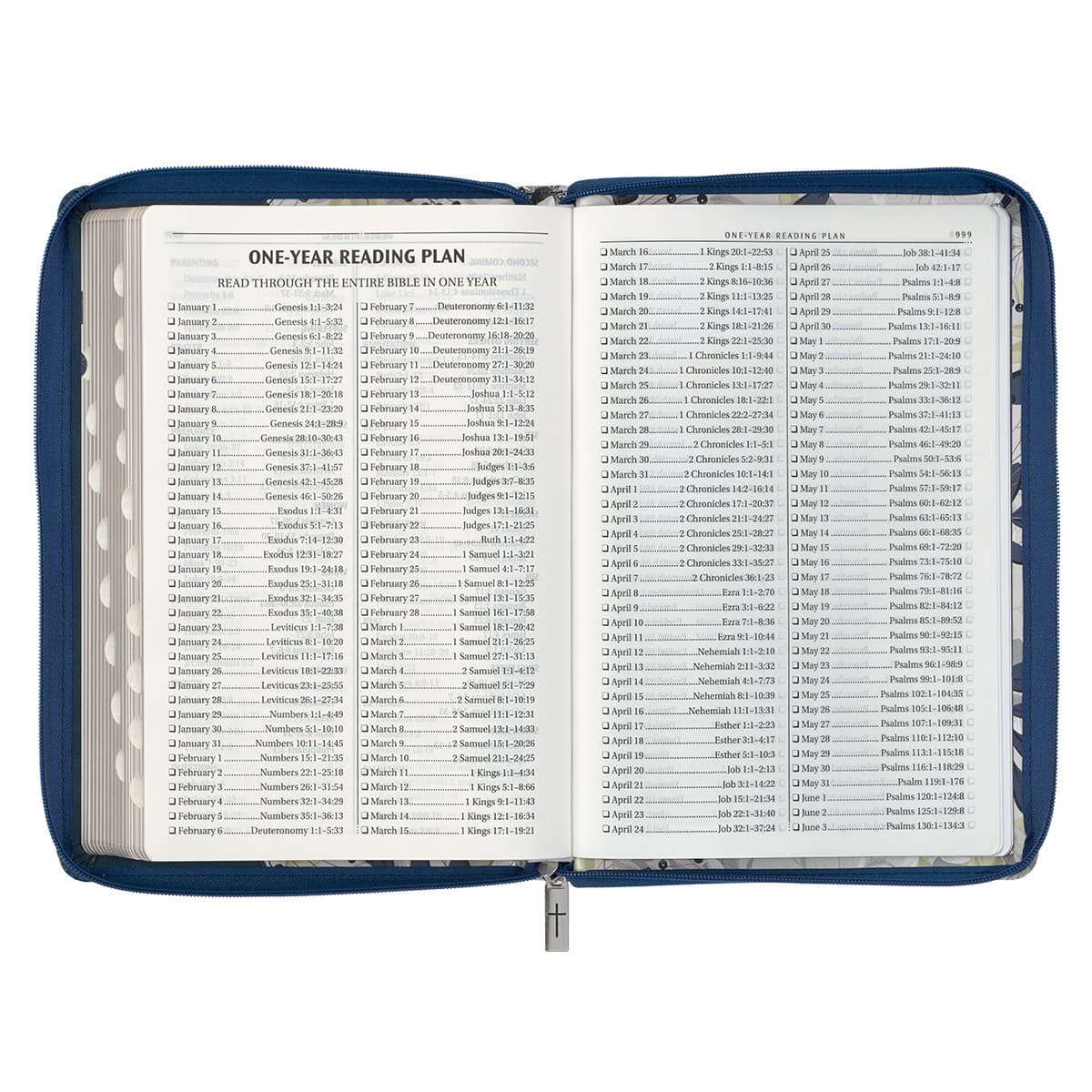 Blue Pearlized Floral Faux Leather Large Print Thinline K J V Bible with Zippered Closure and Thumb Index, picture 9