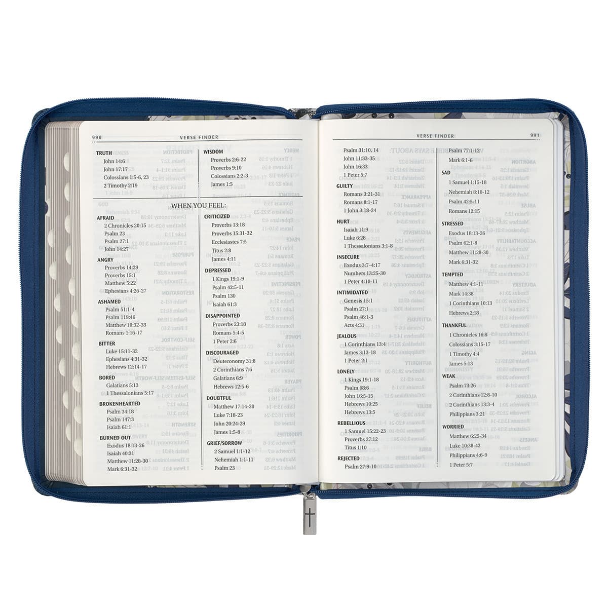 Blue Pearlized Floral Faux Leather Large Print Thinline K J V Bible with Zippered Closure and Thumb Index, picture 10