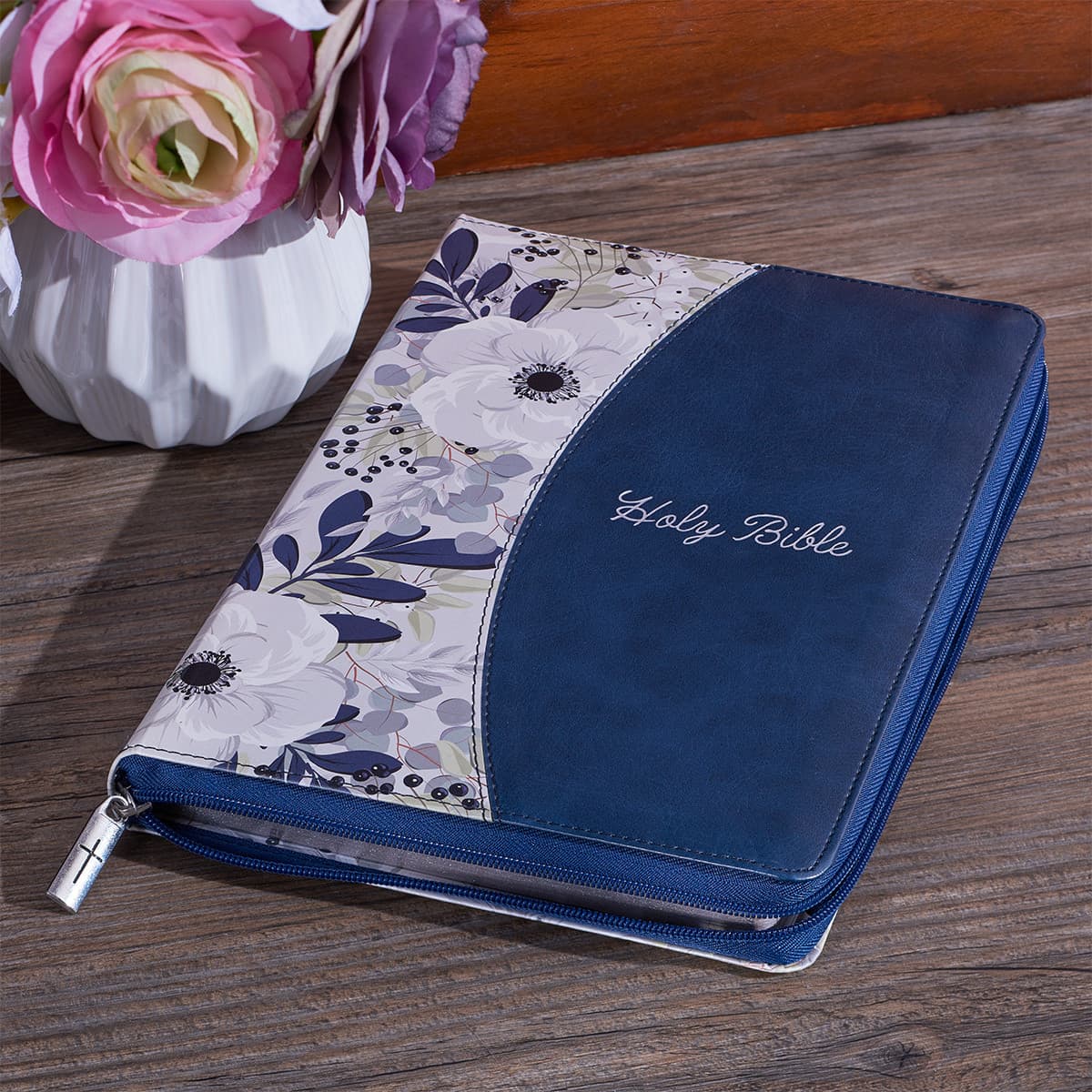 Blue Pearlized Floral Faux Leather Large Print Thinline K J V Bible with Zippered Closure and Thumb Index, picture 11