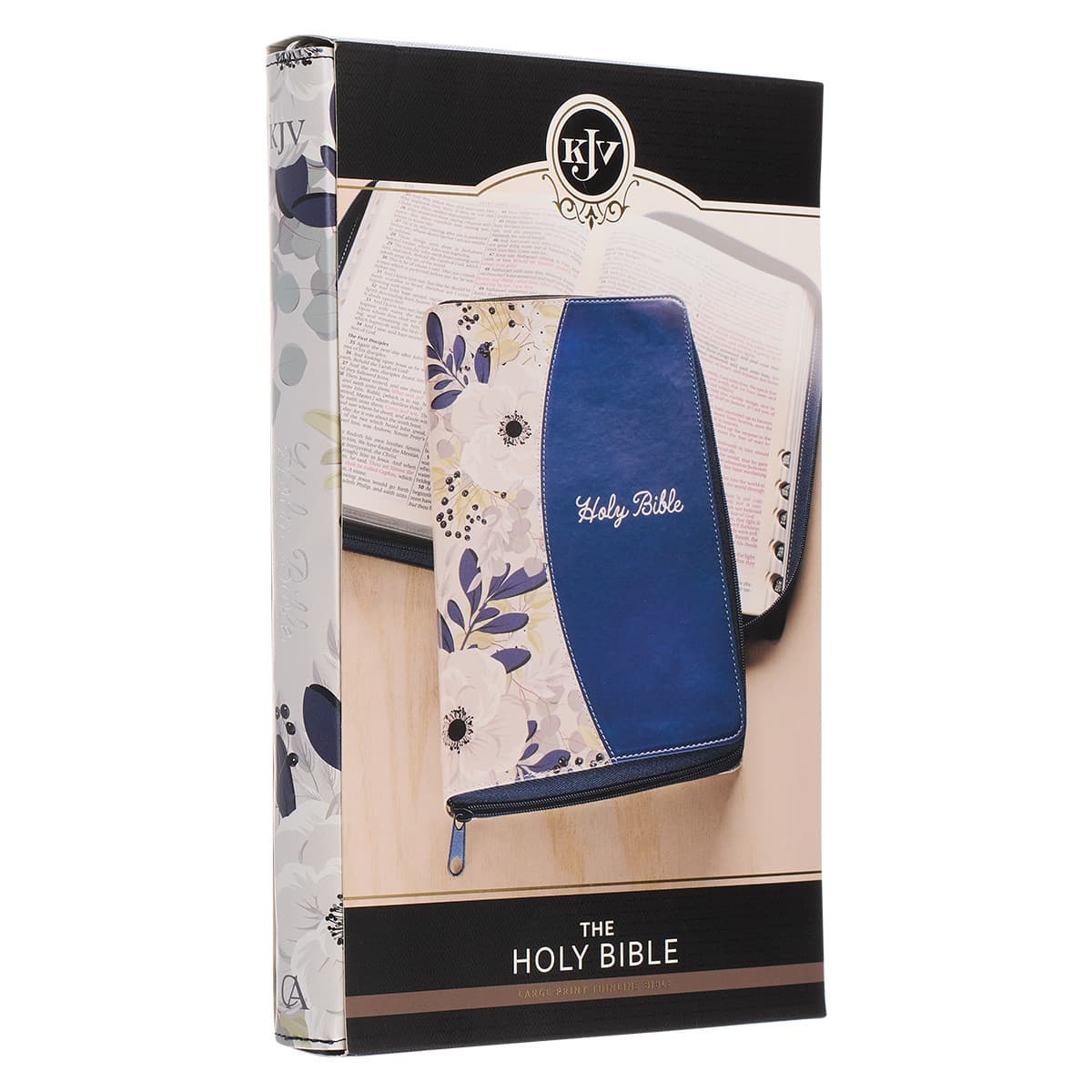 Blue Pearlized Floral Faux Leather Large Print Thinline K J V Bible with Zippered Closure and Thumb Index, picture 12