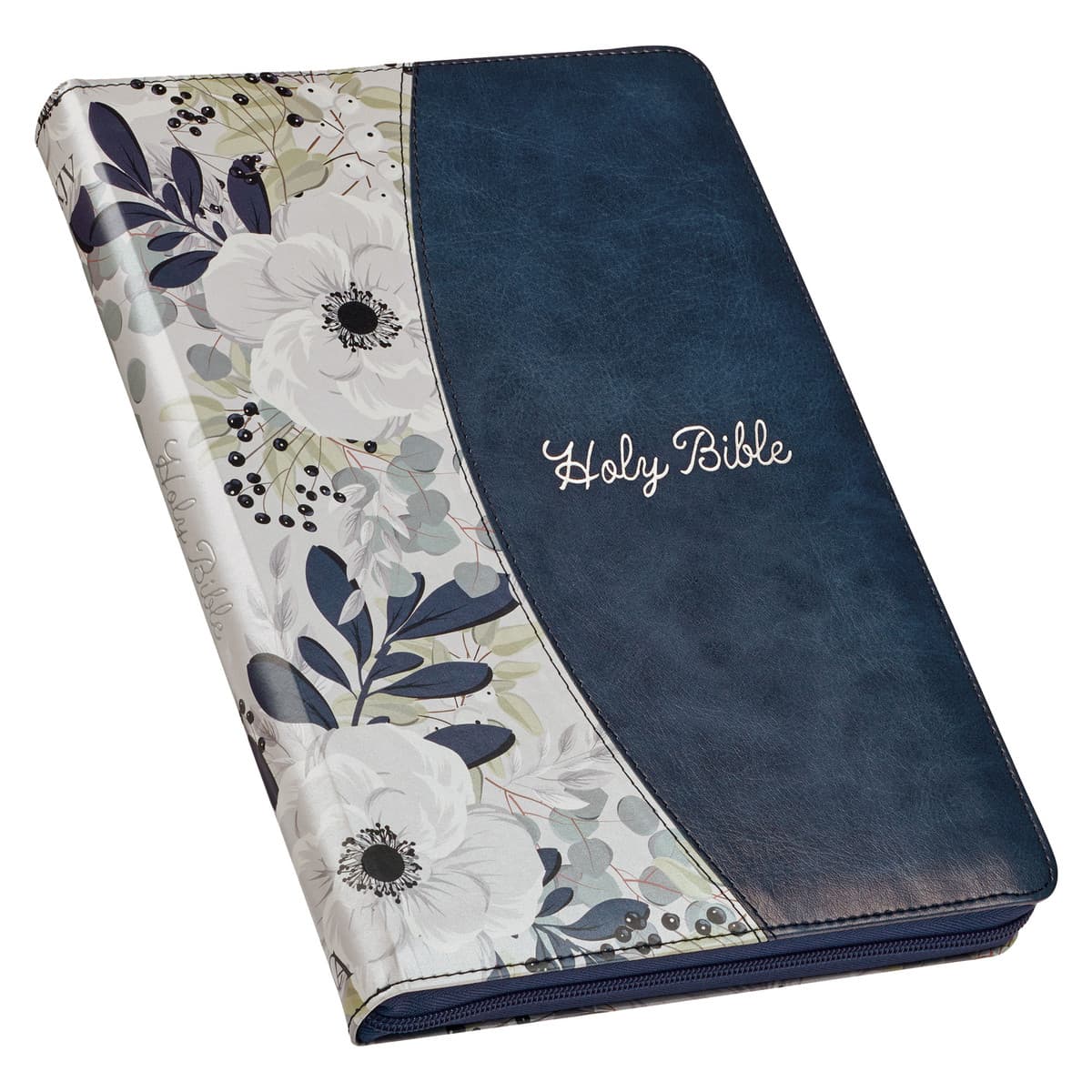 Blue Pearlized Floral Faux Leather Large Print Thinline K J V Bible with Zippered Closure and Thumb Index, picture 3