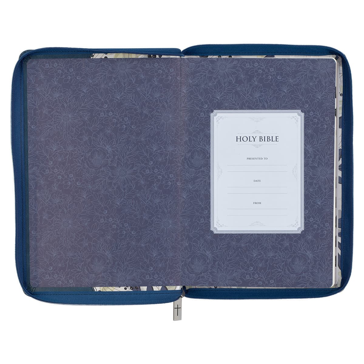 Blue Pearlized Floral Faux Leather Large Print Thinline K J V Bible with Zippered Closure and Thumb Index, picture 4