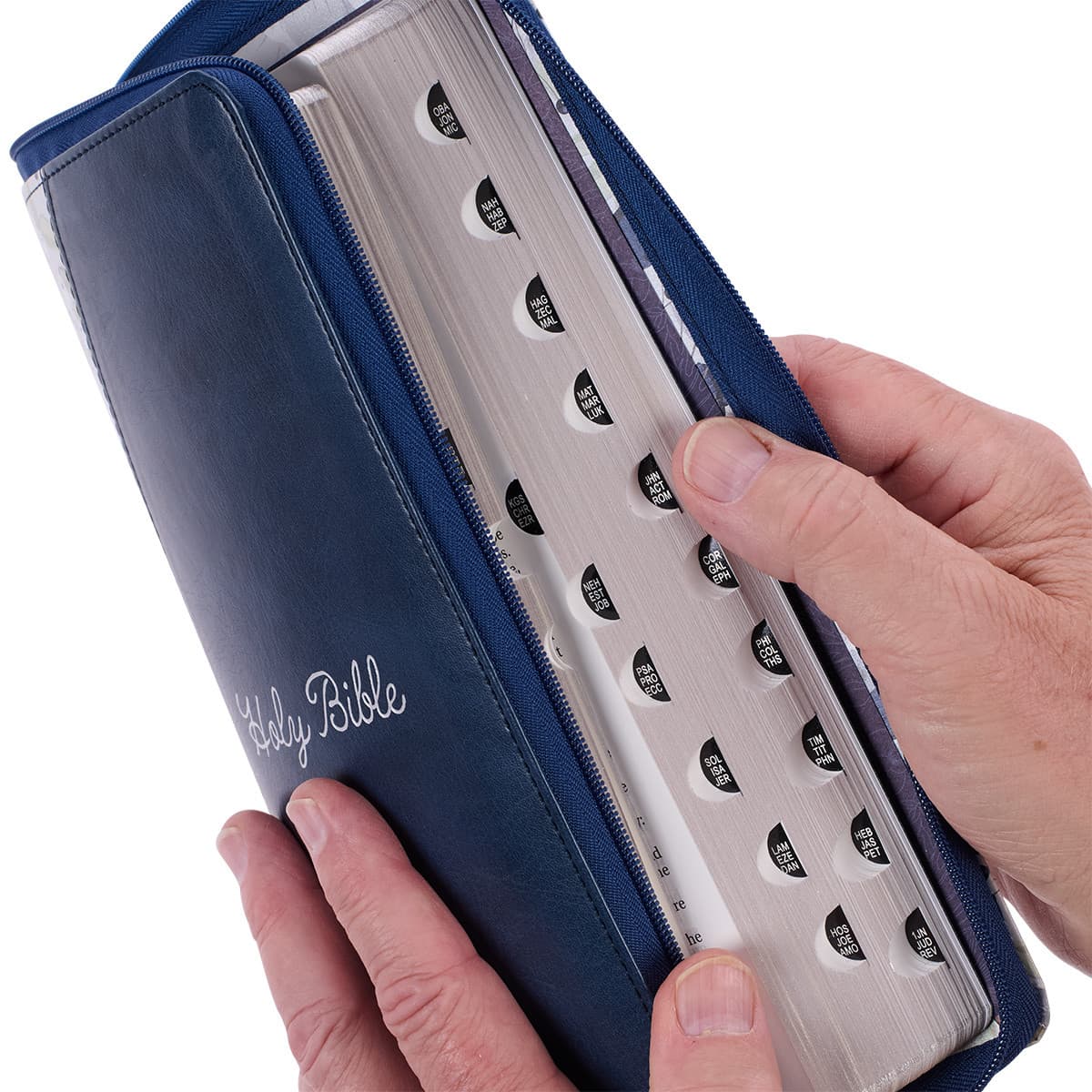Blue Pearlized Floral Faux Leather Large Print Thinline K J V Bible with Zippered Closure and Thumb Index, picture 5