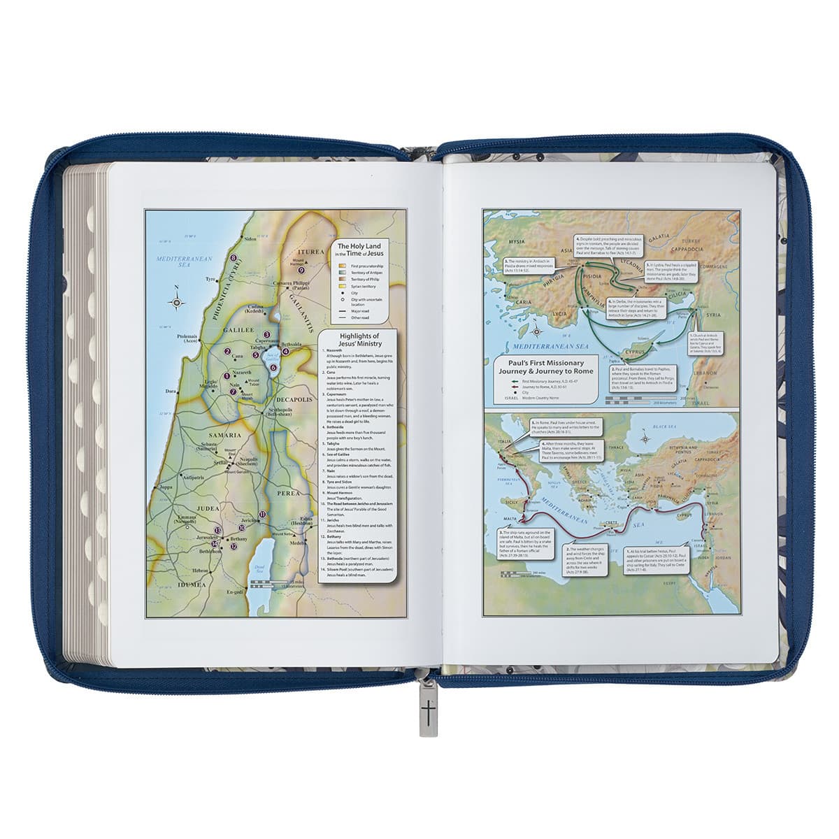 Blue Pearlized Floral Faux Leather Large Print Thinline K J V Bible with Zippered Closure and Thumb Index, picture 7