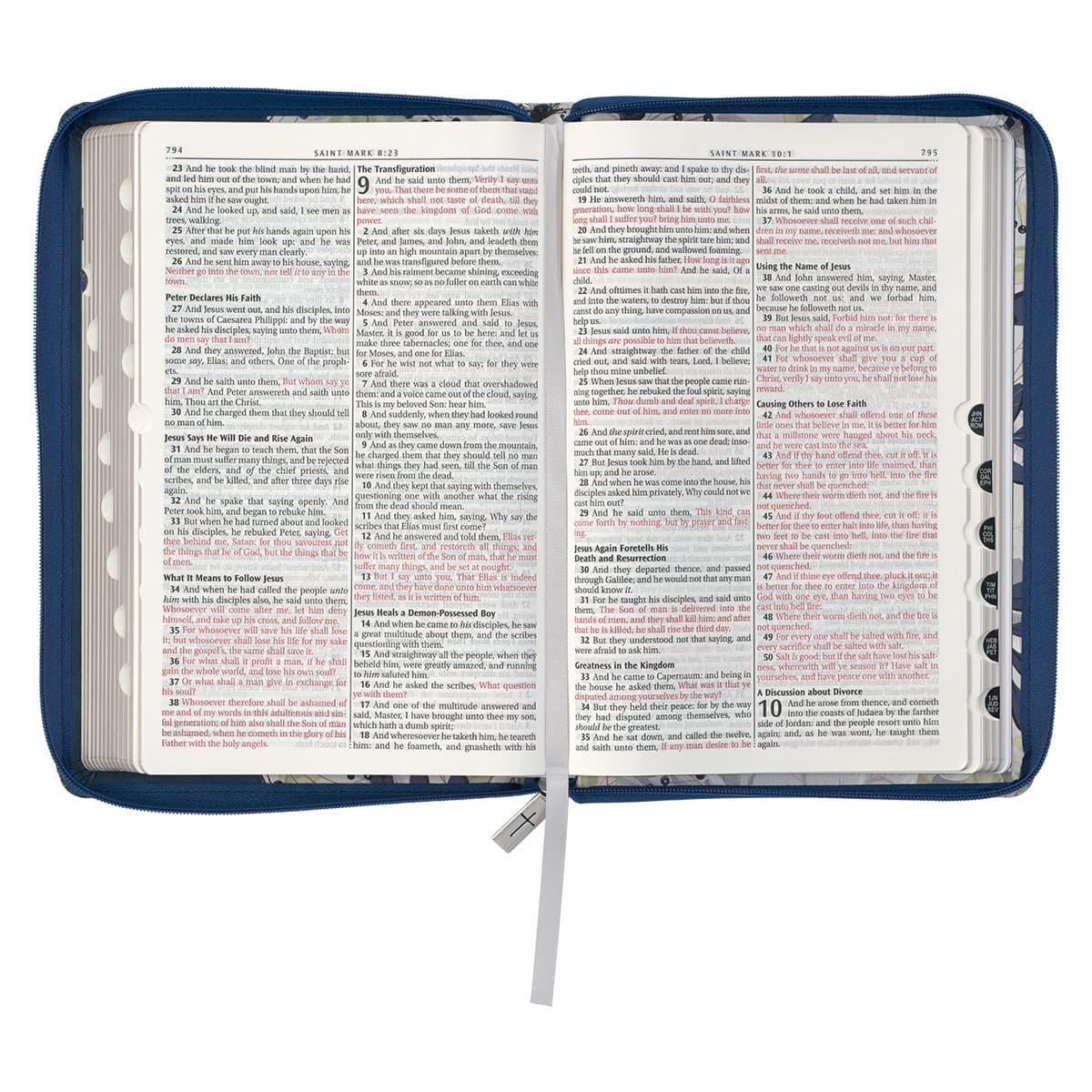 Blue Pearlized Floral Faux Leather Large Print Thinline K J V Bible with Zippered Closure and Thumb Index, picture 8