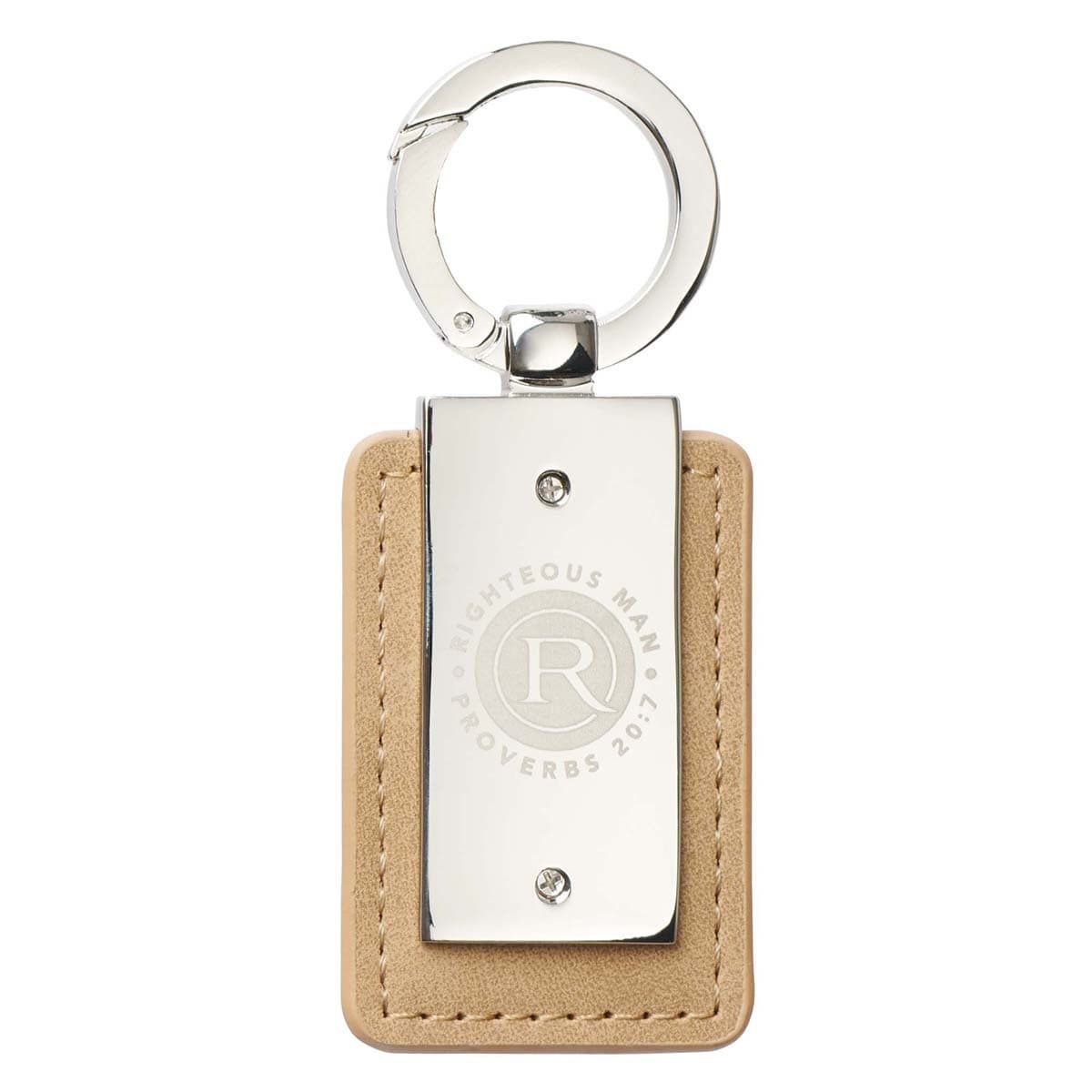 Righteous Man - Proverbs 20:7 Silver and Tan Key Ring in Gift Tin