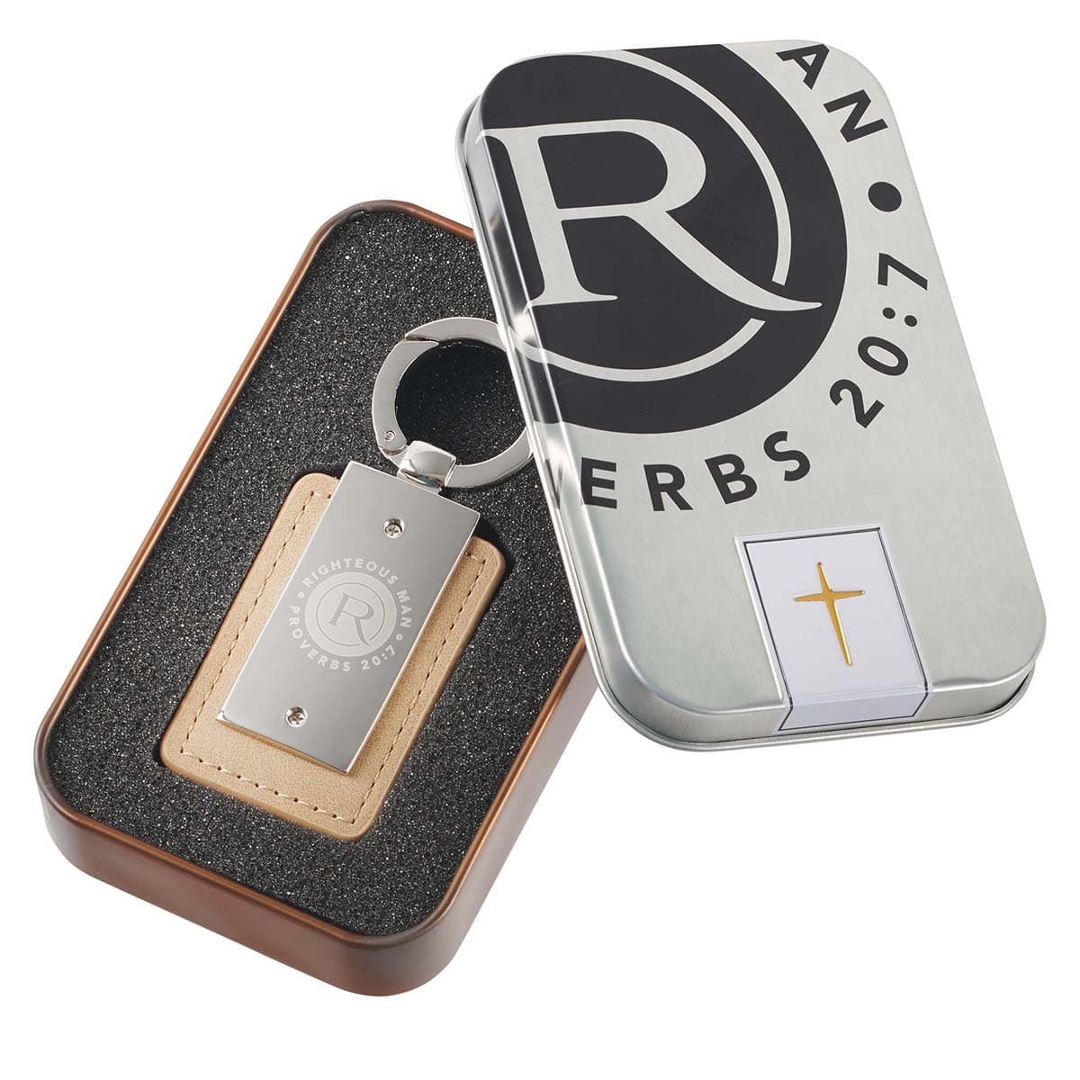 Righteous Man - Proverbs 20:7 Silver and Tan Key Ring in Gift Tin, picture 3