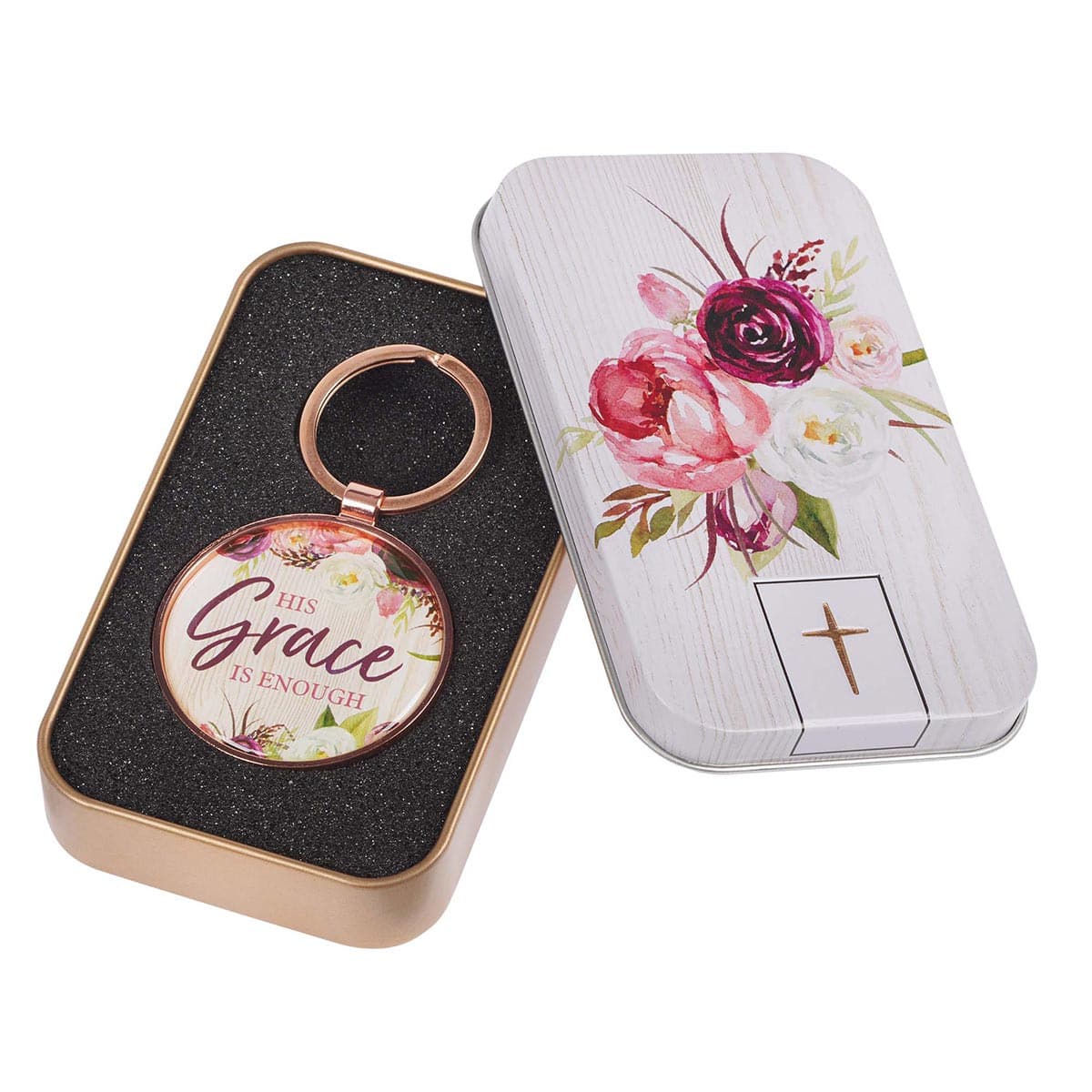 His Grace is Enough - 2 Corinthians 12:9 Pink Plum Key Ring in a Tin, picture 3