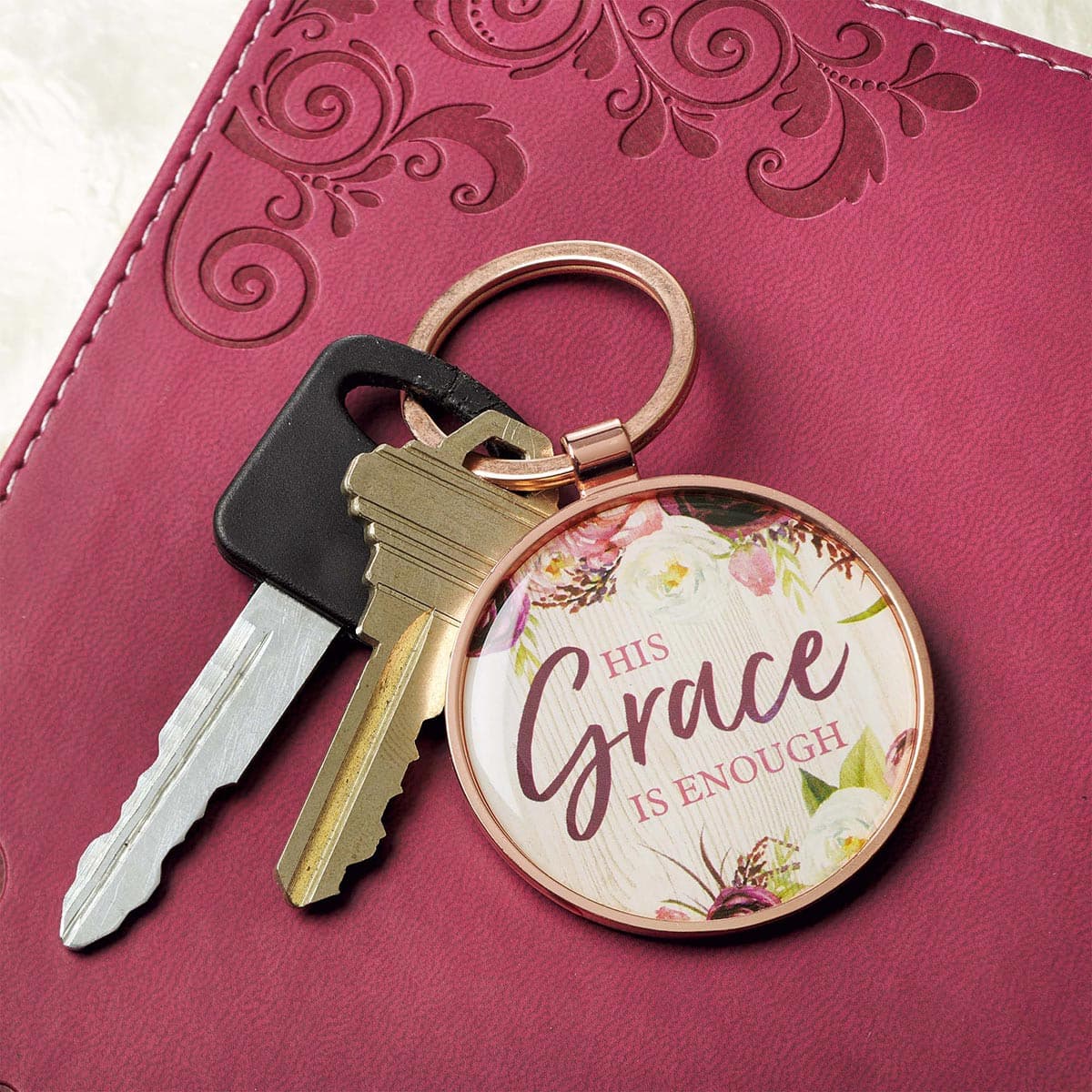 His Grace is Enough - 2 Corinthians 12:9 Pink Plum Key Ring in a Tin, picture 4