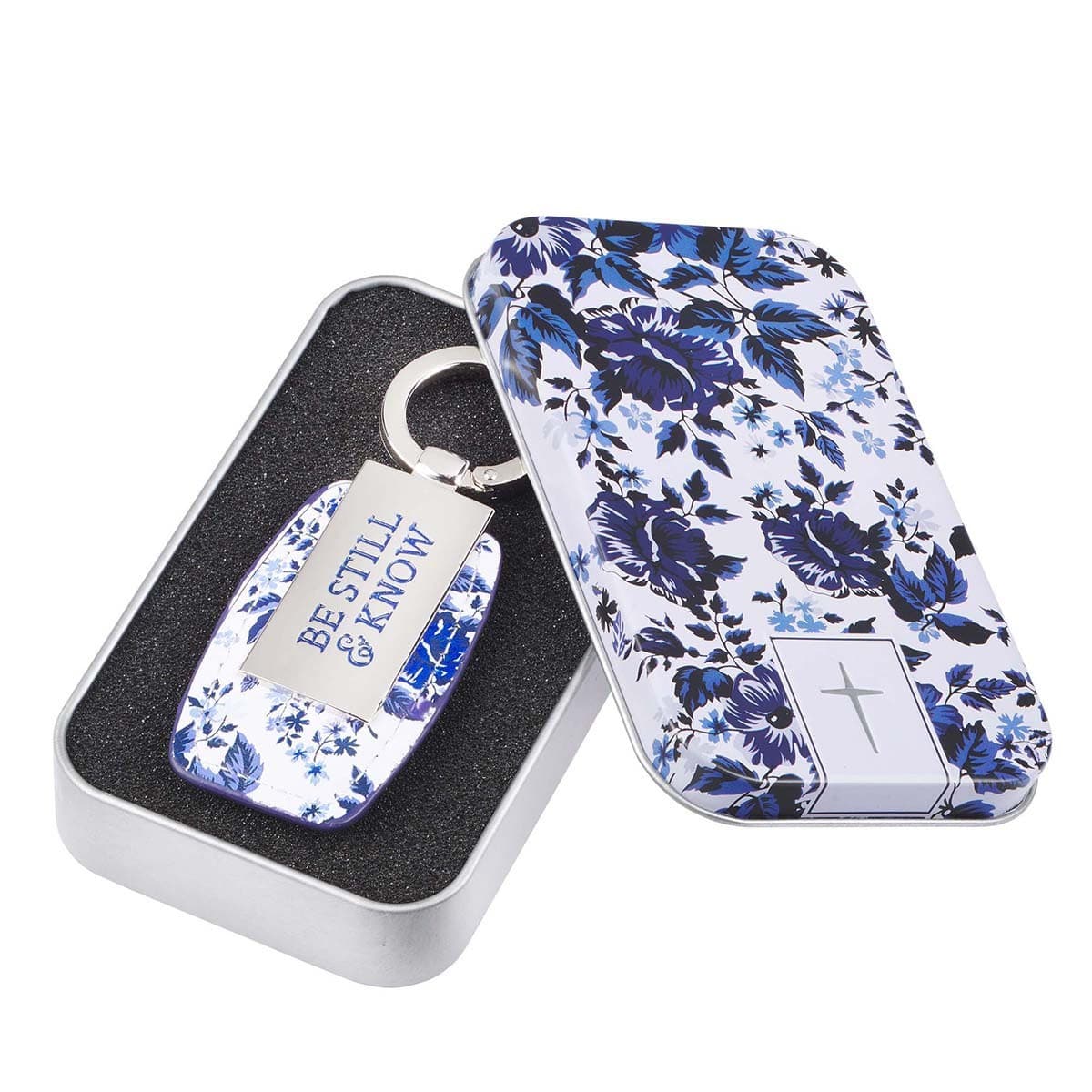 Be Still & Know - Psalm 46:10 Blue Floral Metal Key Ring in Gift Tin, picture 3