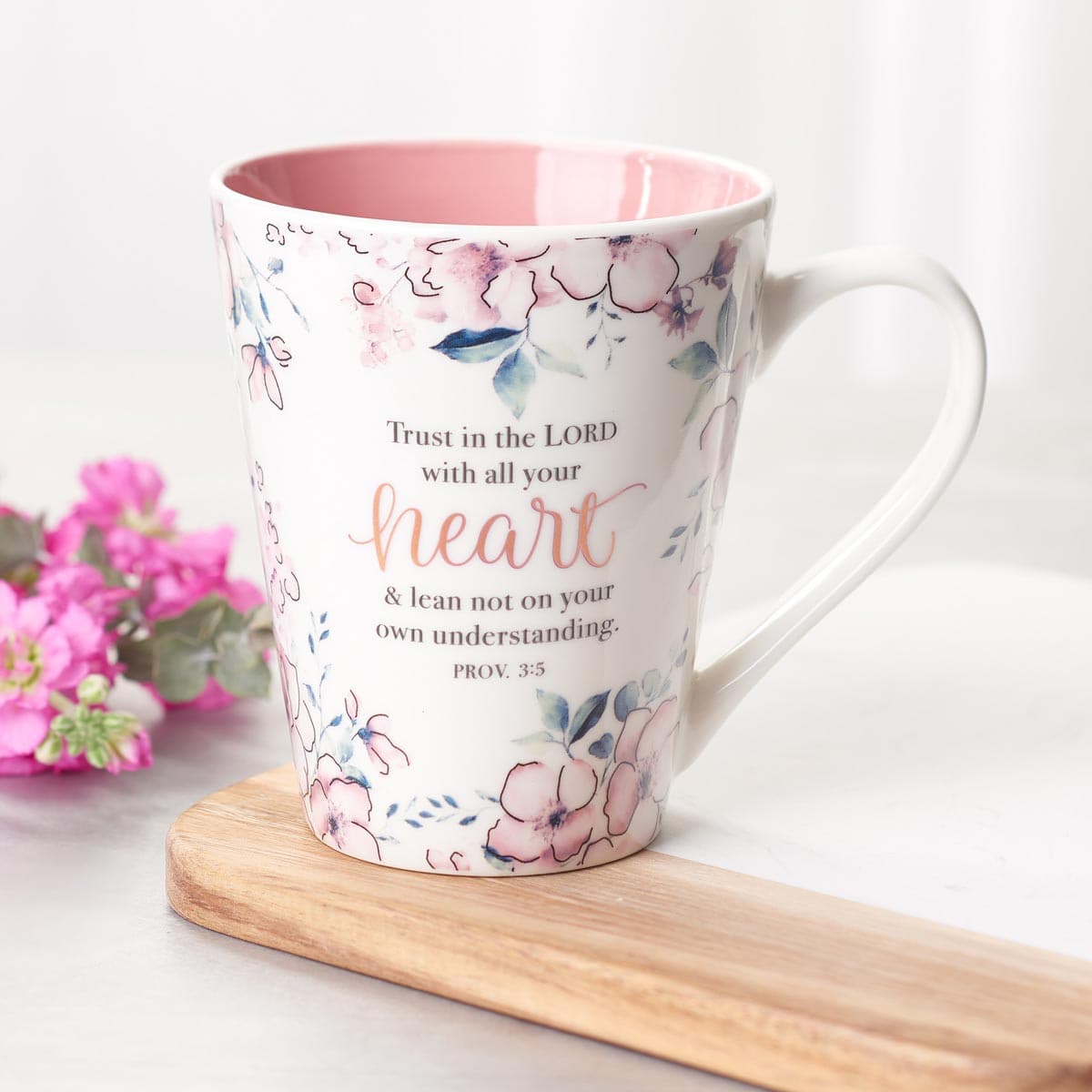 Trust in the Lord - Proverbs 3:5 Pink Floral Ceramic Coffee Mug, picture 4