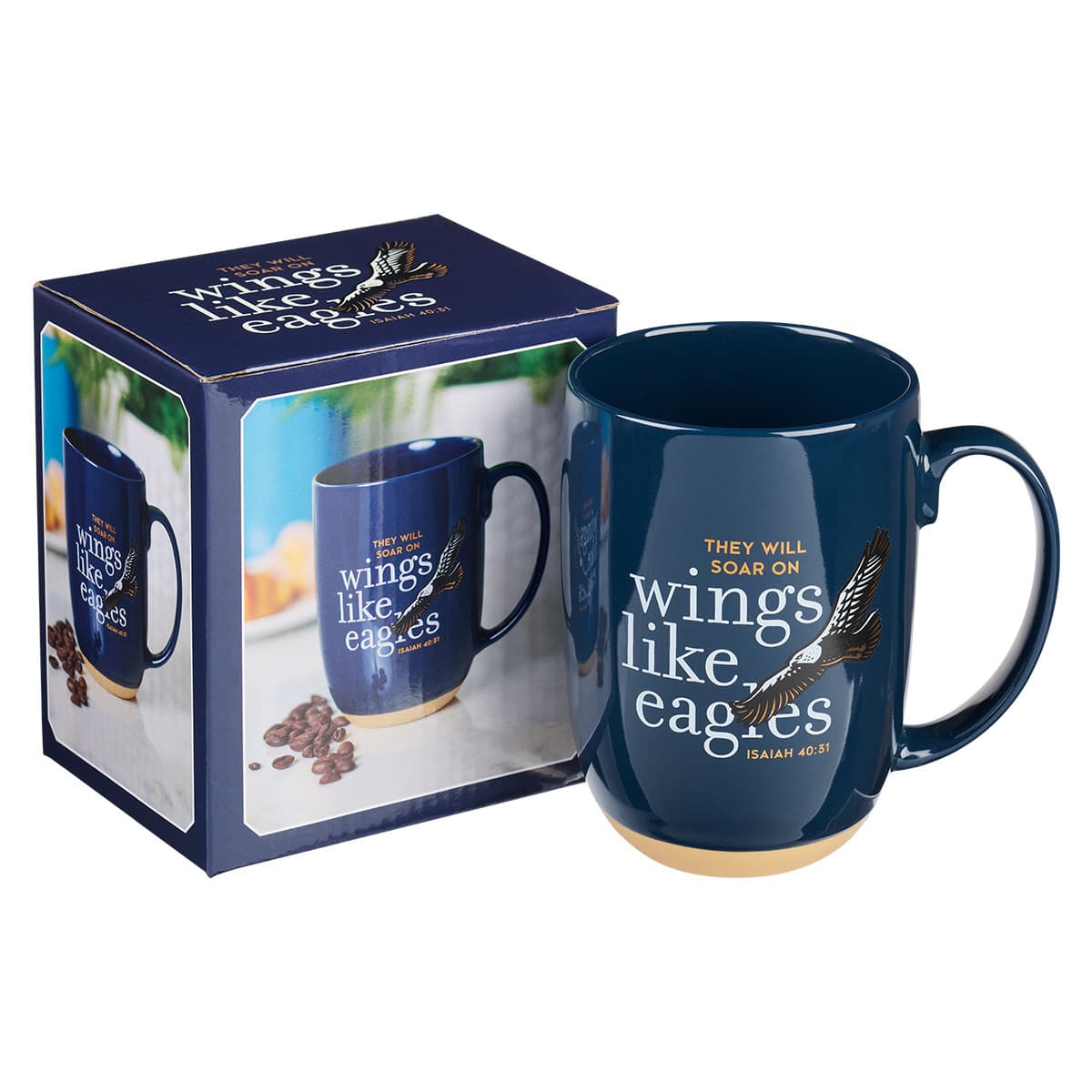 Wings Like Eagles - Isaiah 40:31 Navy Blue Ceramic Coffee Mug with Exposed Clay Base, picture 3