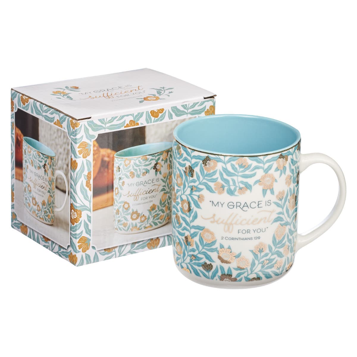 Sufficient Grace – 2 Corinthians 12:9 Teal Ceramic Coffee Mug, picture 3