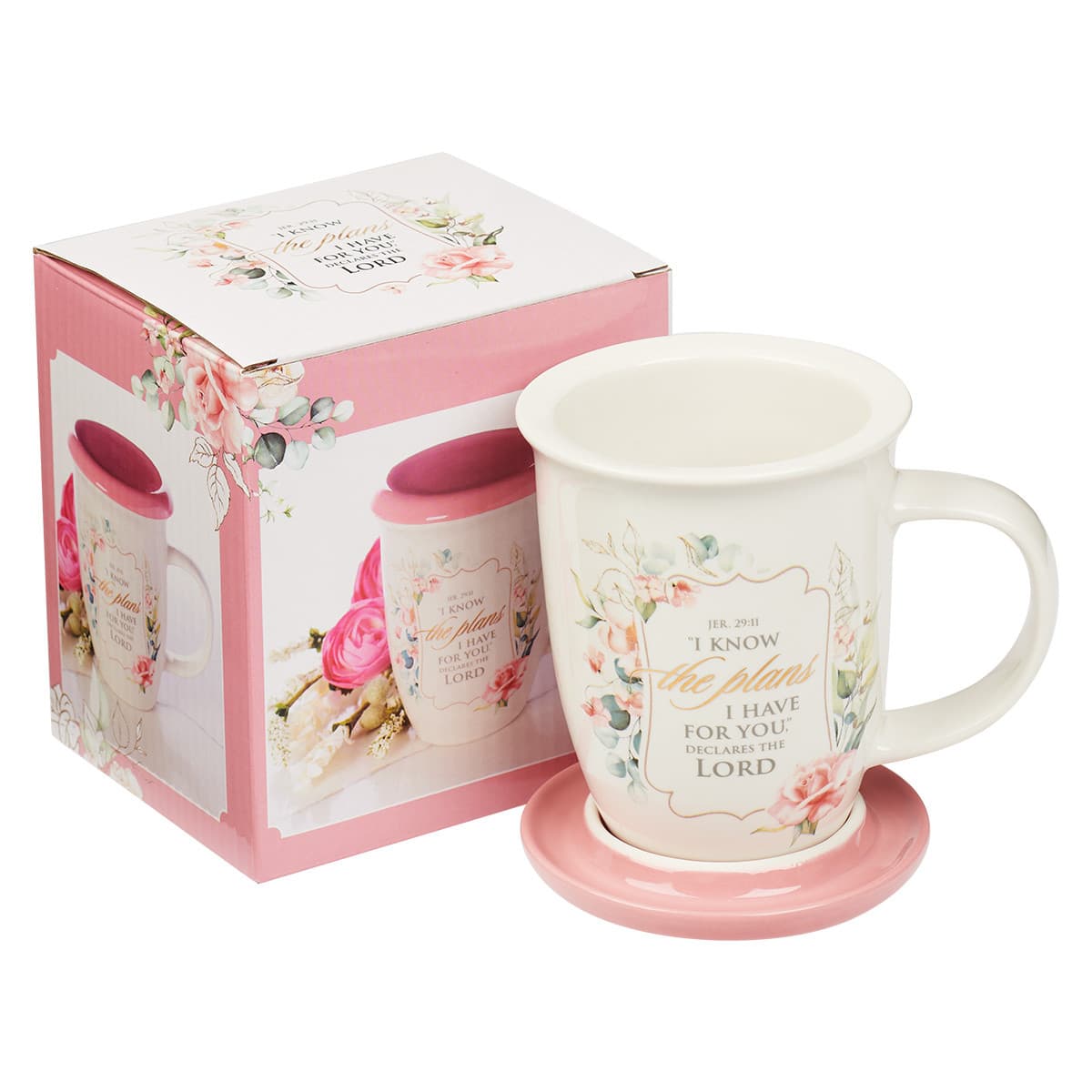 I Know the Plans - Jeremiah 29:11 Pink Lidded Ceramic Coffee Mug, picture 3