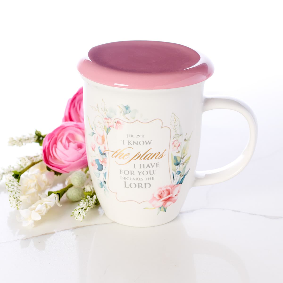 I Know the Plans - Jeremiah 29:11 Pink Lidded Ceramic Coffee Mug, picture 4