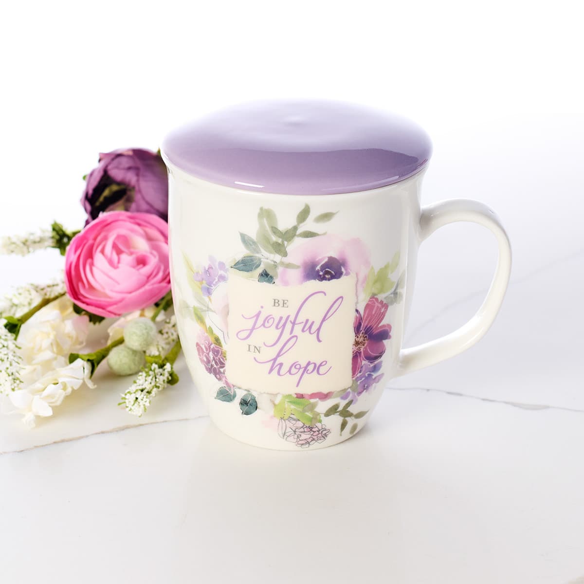 Be Joyful in Hope - Romans 12:12 Lilac Lidded Ceramic Coffee Mug, picture 4