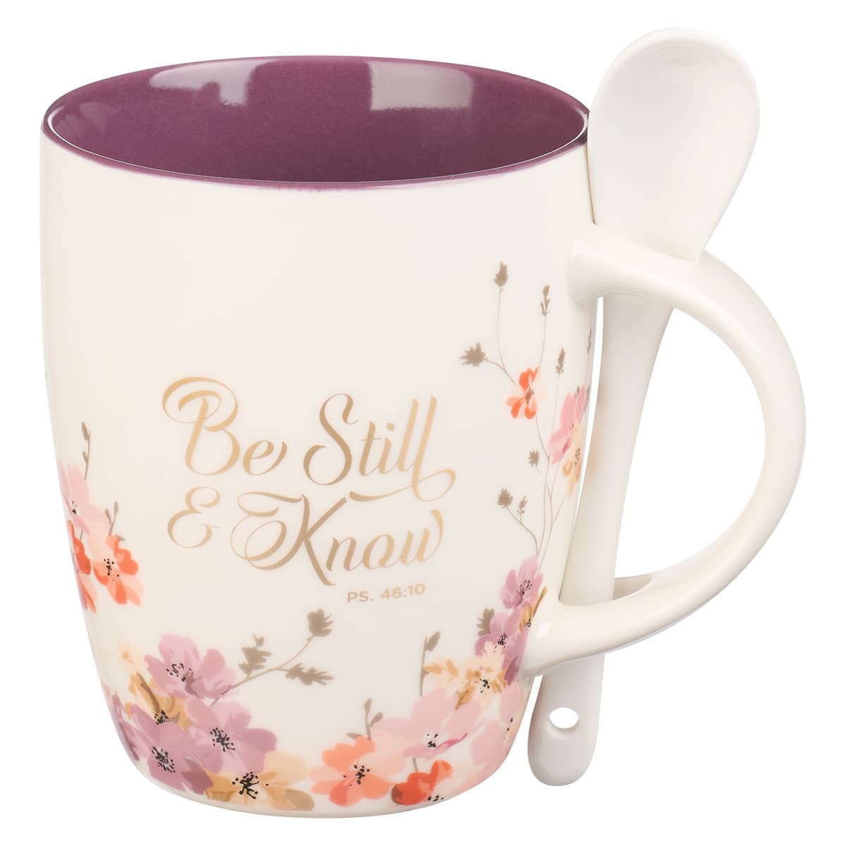 Be Still & Know - Psalm 46:10 Purple Floral Ceramic Coffee Mug with Spoon