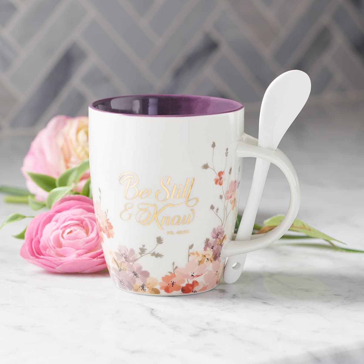 Be Still & Know - Psalm 46:10 Purple Floral Ceramic Coffee Mug with Spoon, picture 4