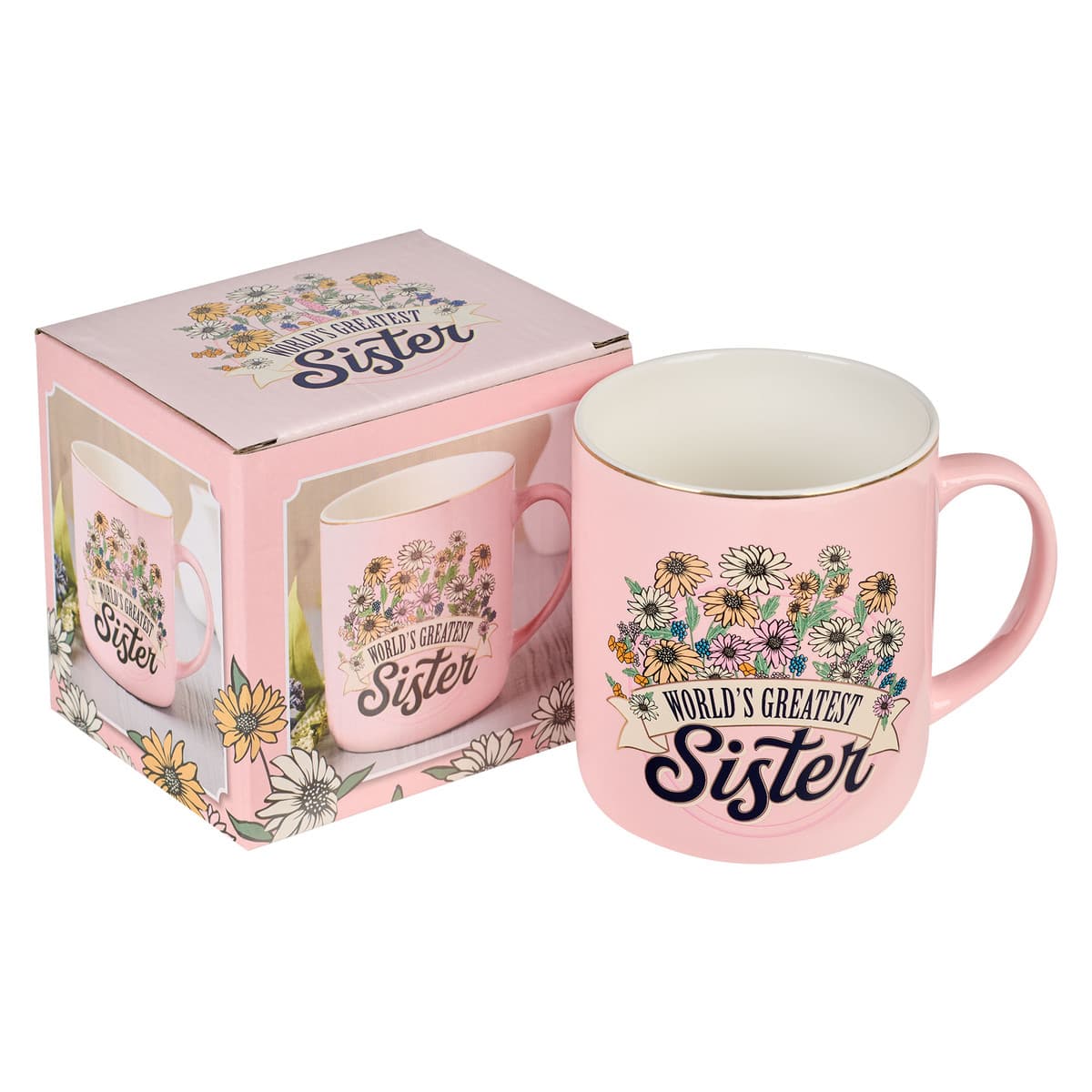World's Greatest Sister Pink Daises Ceramic Coffee Mug, picture 3