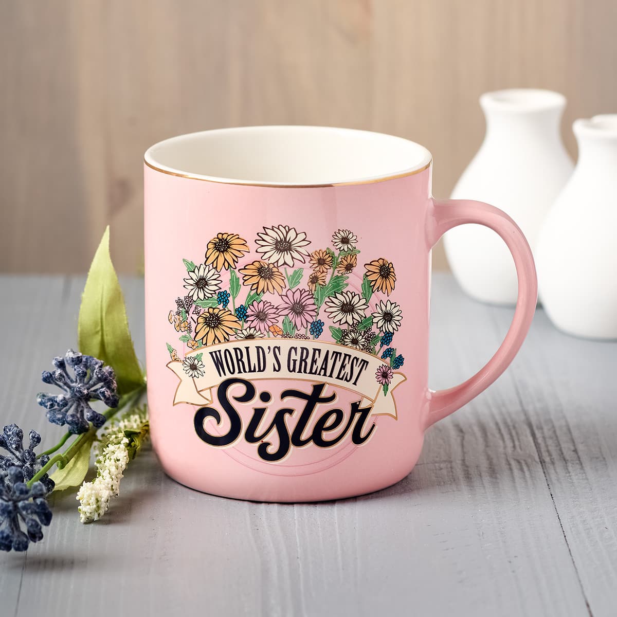 World's Greatest Sister Pink Daises Ceramic Coffee Mug, picture 4