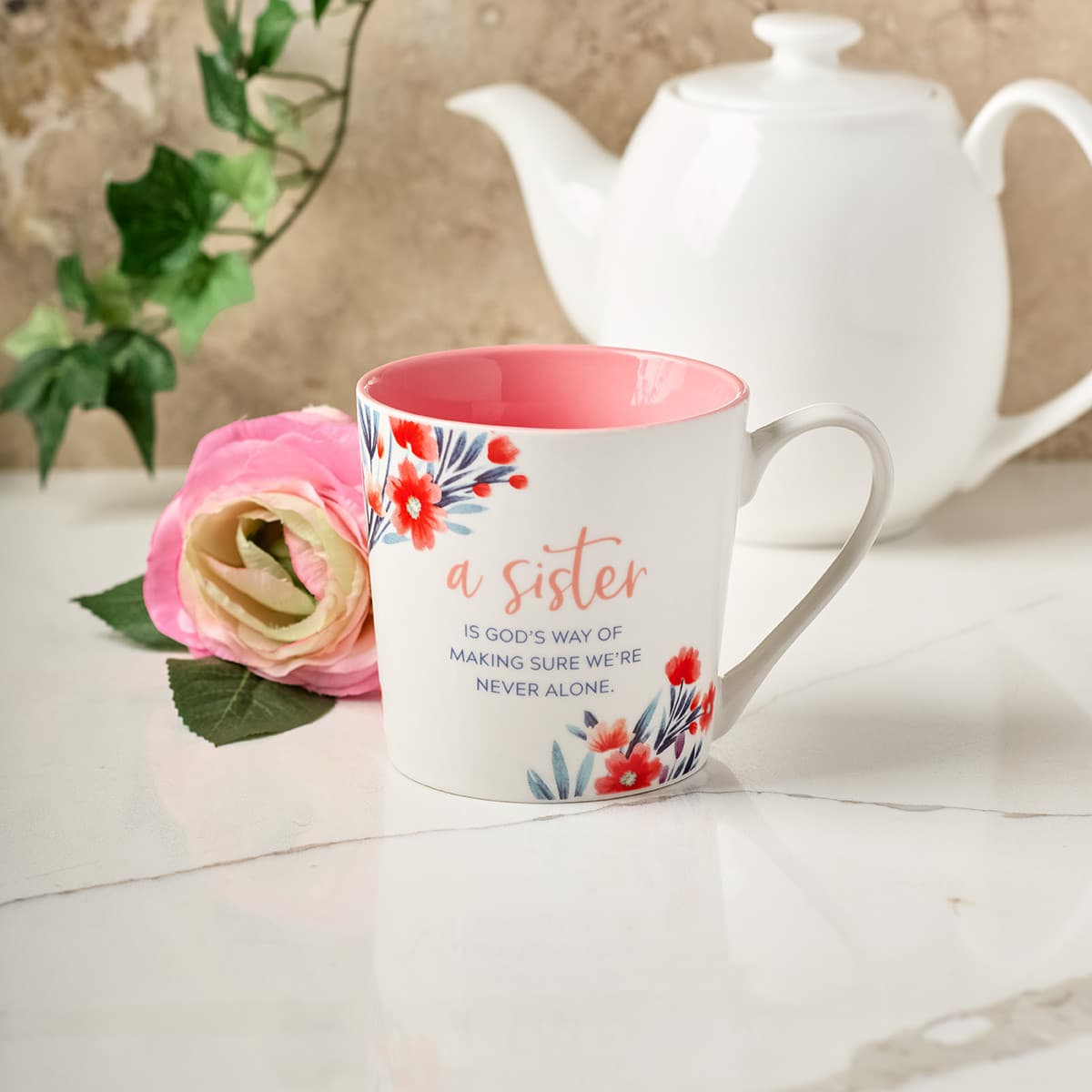 Sister - Proverbs 31:29 Pink Floral Ceramic Coffee Mug, picture 4