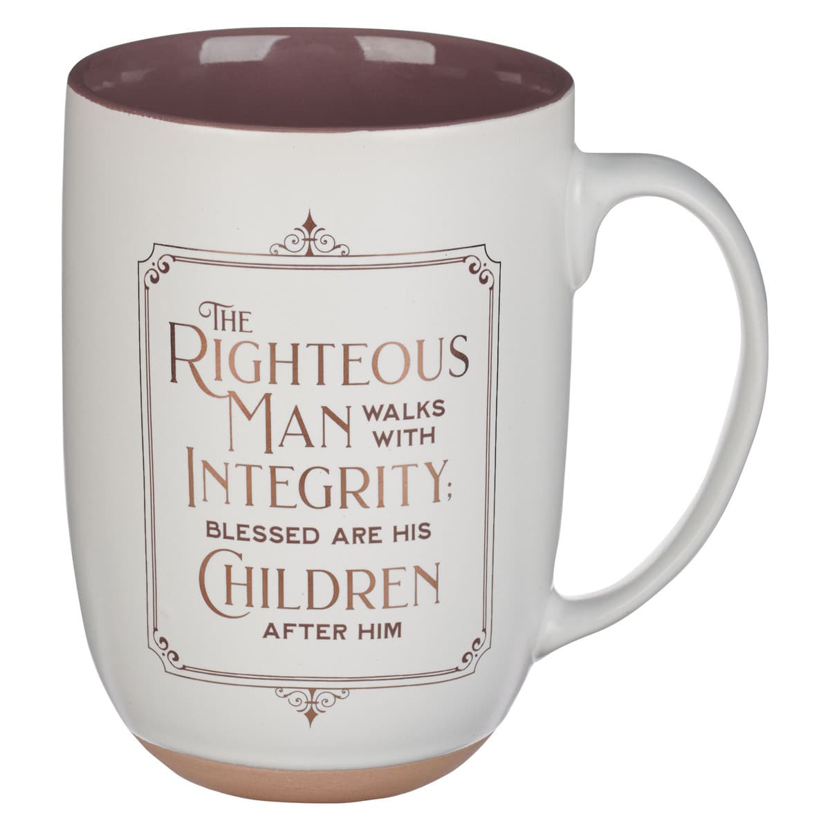 Righteous Man - Proverbs 20:7 White and Gold Ceramic Coffee Mug with Exposed Clay Base