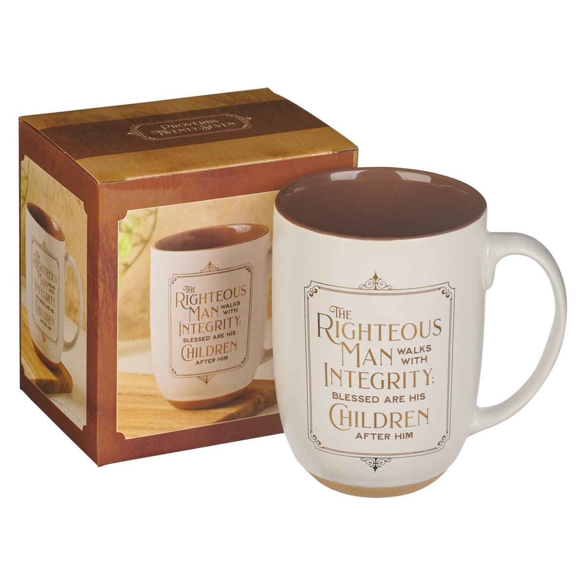 Righteous Man - Proverbs 20:7 White and Gold Ceramic Coffee Mug with Exposed Clay Base, picture 3
