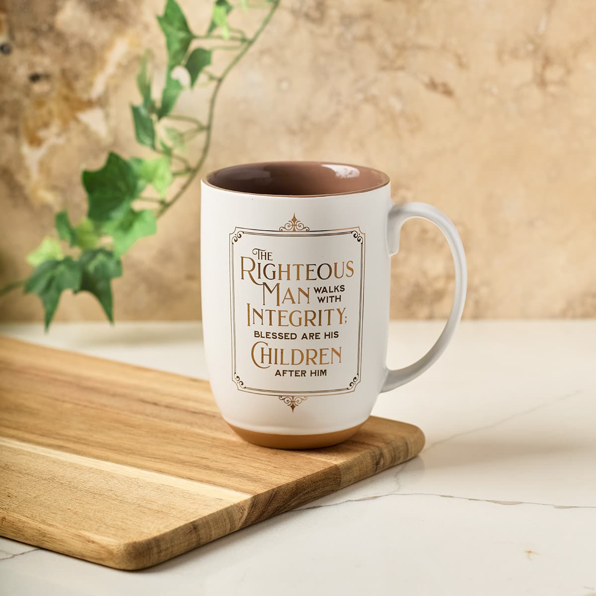 Righteous Man - Proverbs 20:7 White and Gold Ceramic Coffee Mug with Exposed Clay Base, picture 4