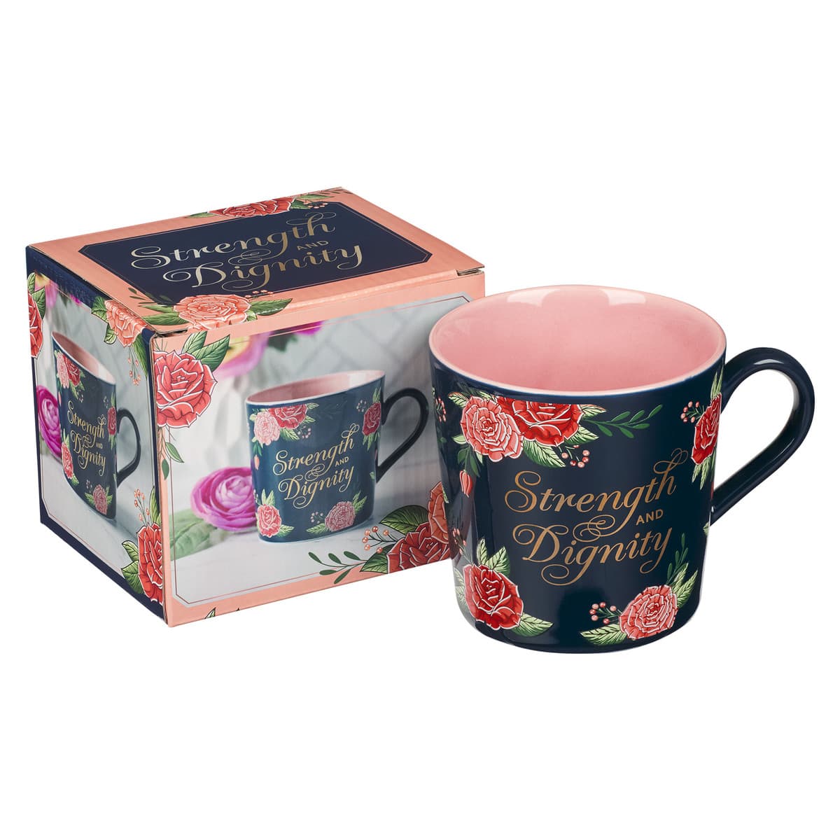 Strength and Dignity - Proverbs 31:25 Pink Roses Ceramic Coffee Mug, picture 3